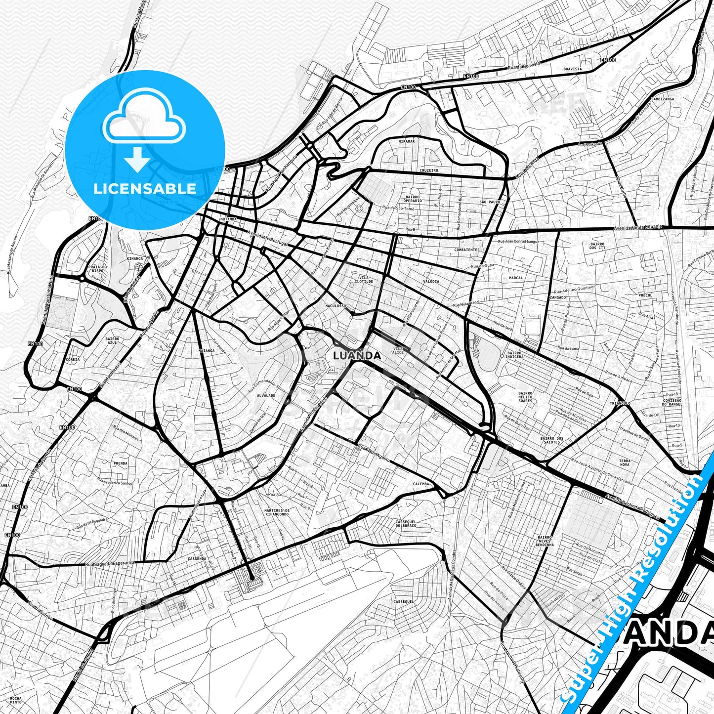 Luanda, Angola Light Map with Street Names, City Names, and Districts