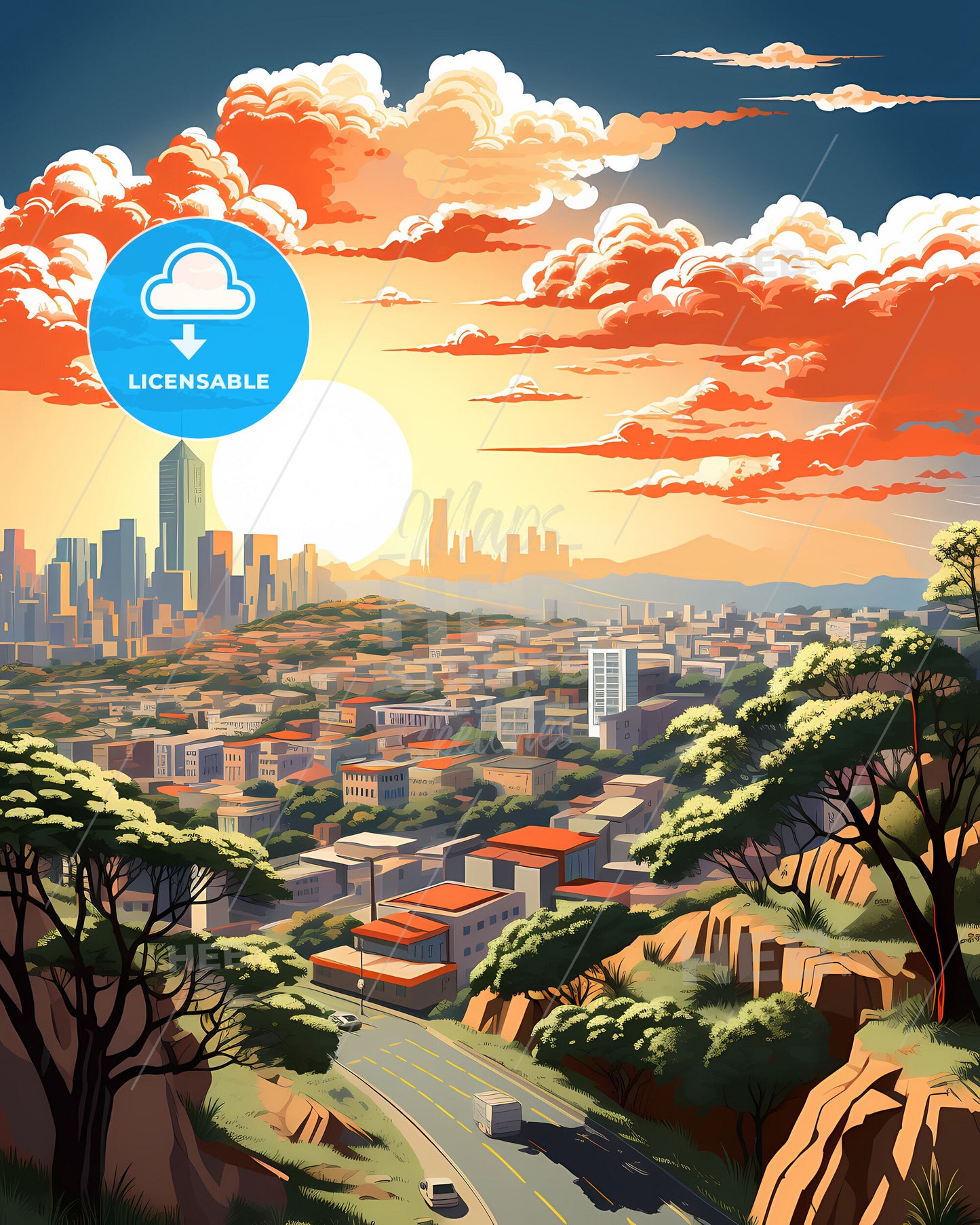 Vibrant Artistic Cityscape Painting of Luanda Angola Skyline with Buildings and Trees