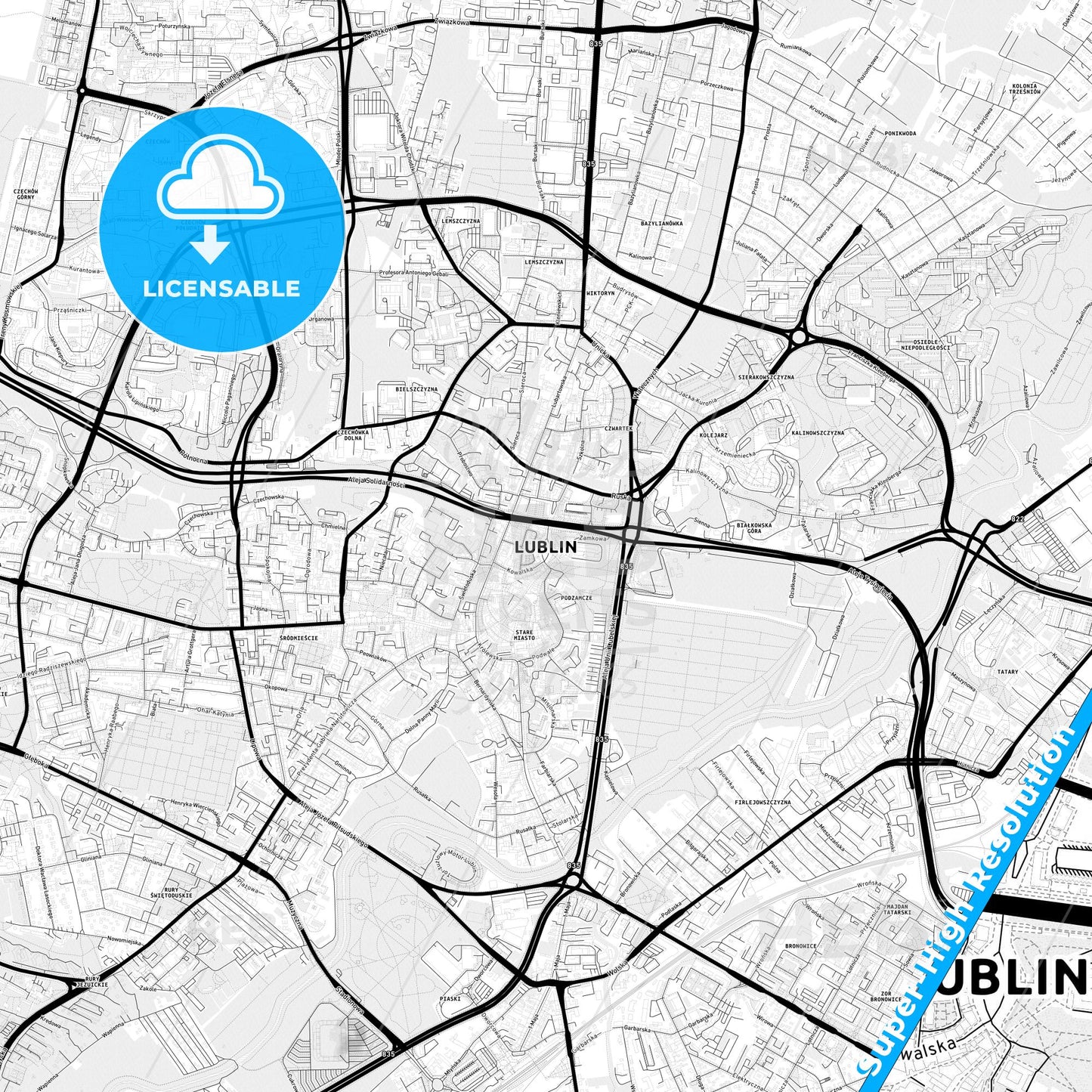 Lublin, Poland Light Map with Street Names, City Names, and Districts