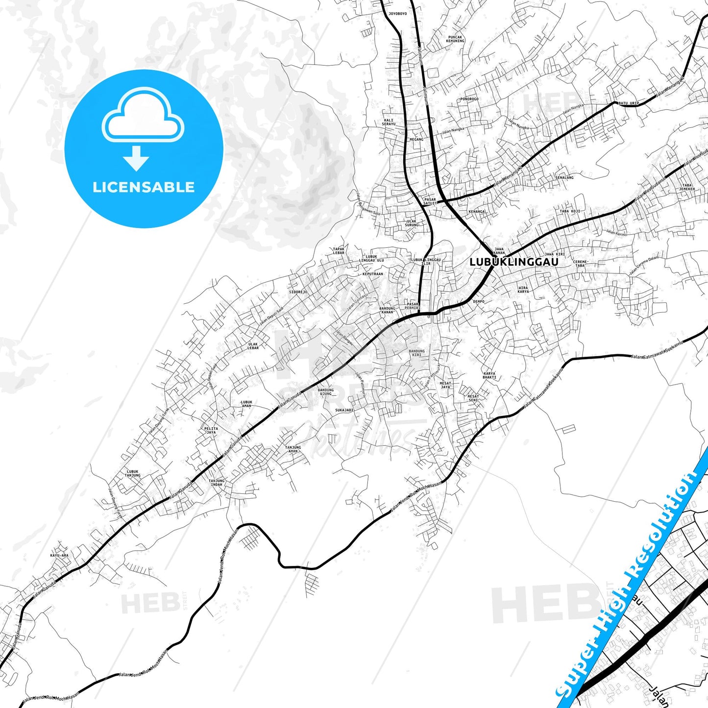Lubuklinggau, Indonesia Light Map with Street Names, City Names, and Districts