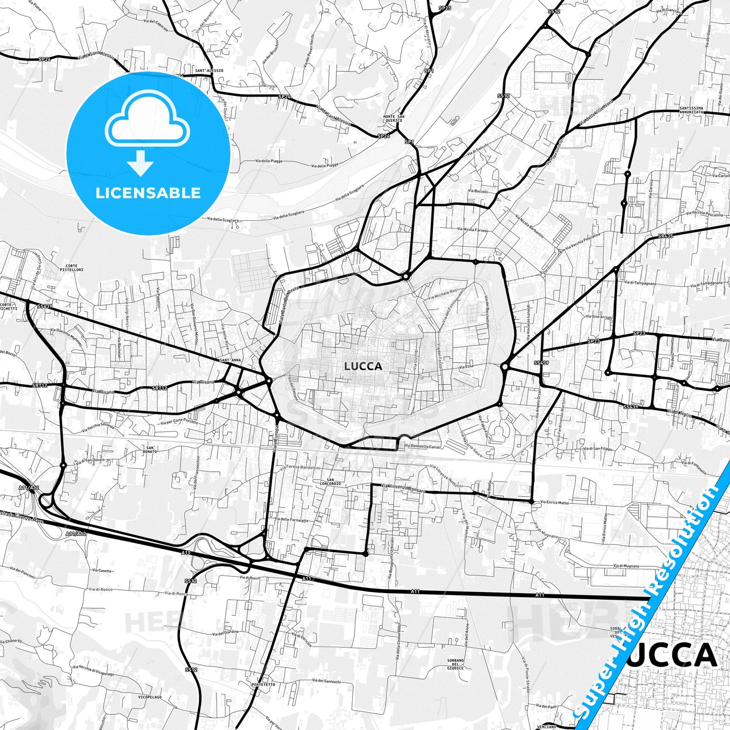 Lucca, Italy Light Map with Street Names, City Names, and Districts