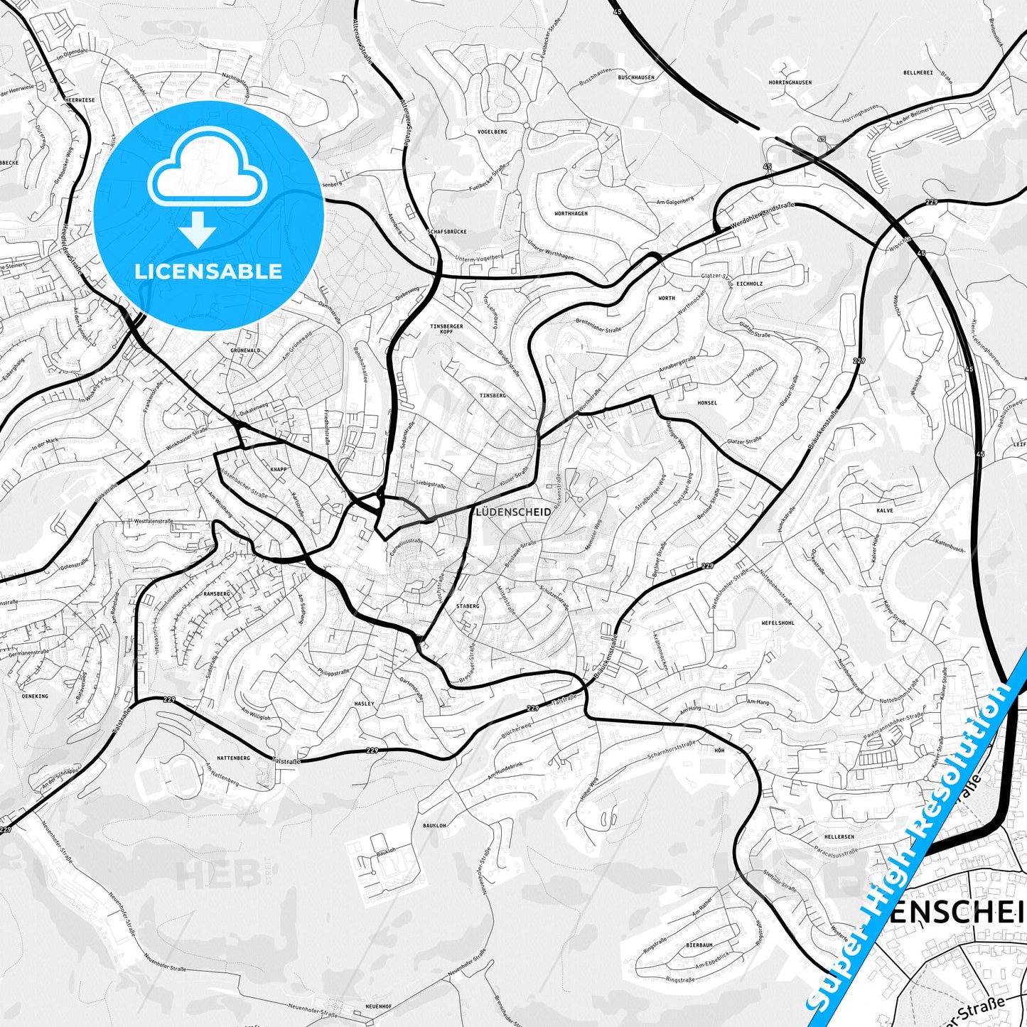 Ludenscheid, Germany Light Map with Street Names, City Names, and Districts