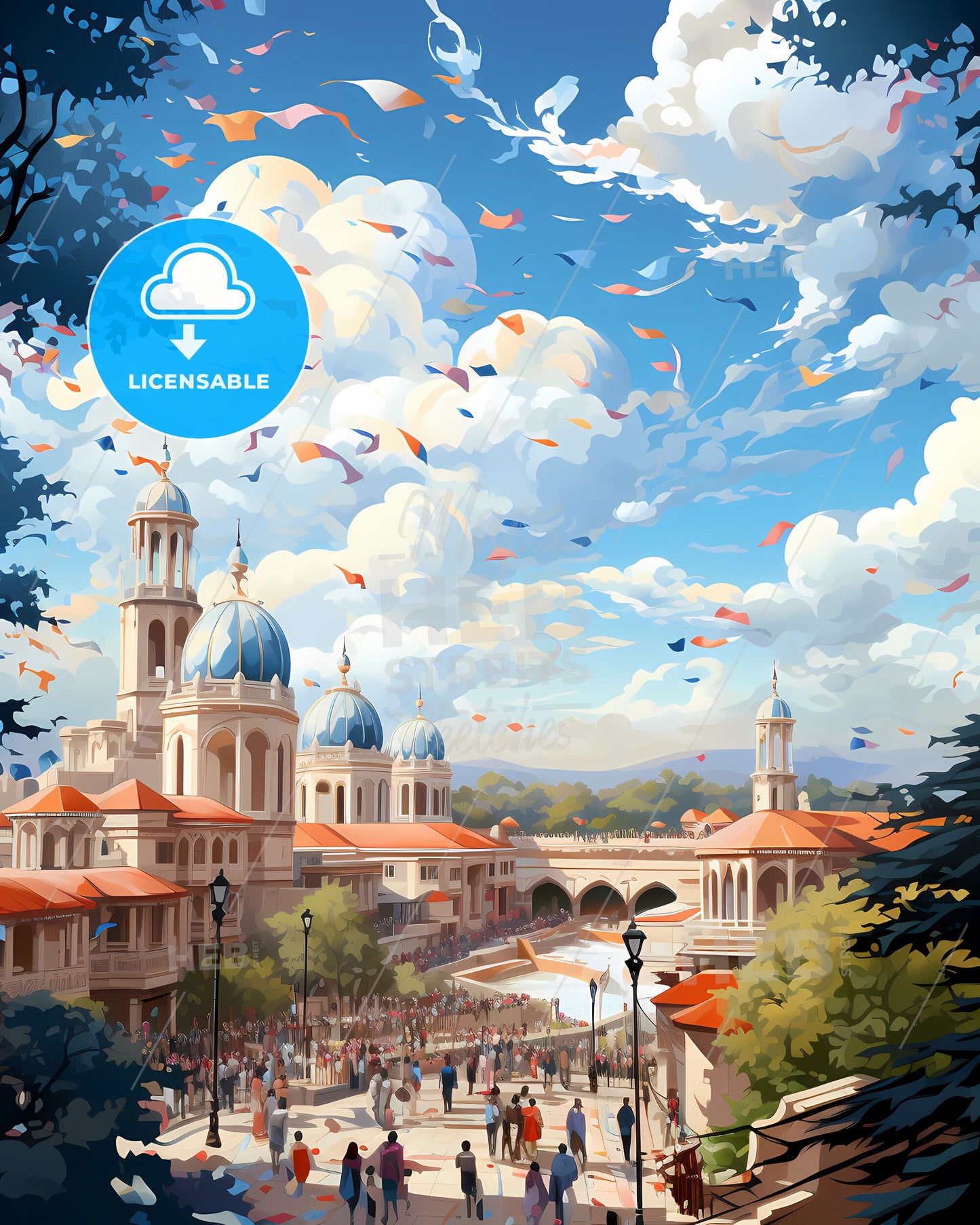 Cityscape Art Painting of Blue Domed Building, Bridge, and River in Ludhiana India