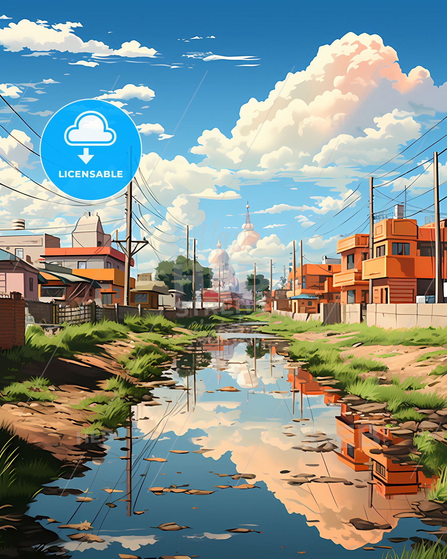 Ludhiana India Cityscape Painting Depicting Skyline with Buildings, Power Lines, and Water Stream