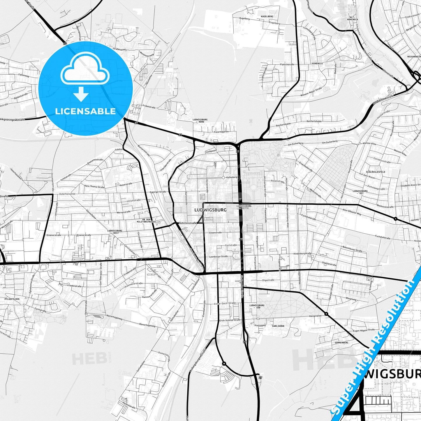 Ludwigsburg, Germany Light Map with Street Names, City Names, and Districts