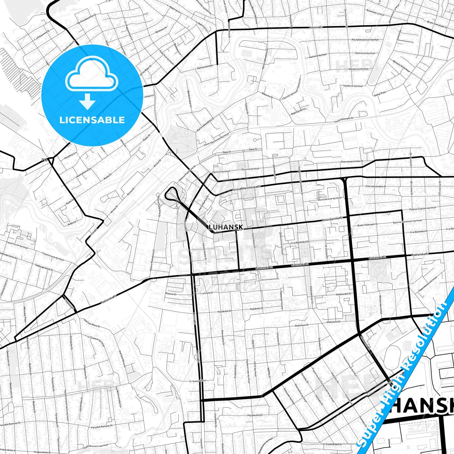 Luhansk, Ukraine Light Map with Street Names, City Names, and Districts