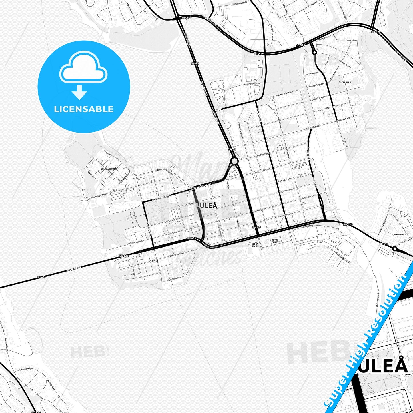 Luleå, Sweden Light Map with Street Names, City Names, and Districts