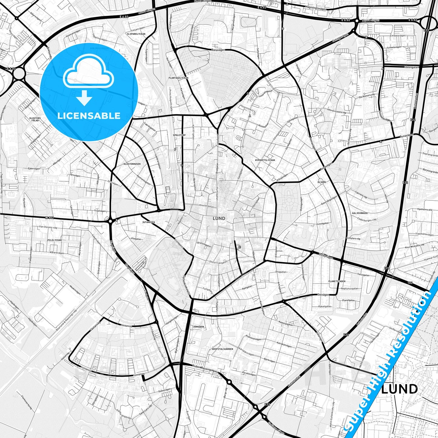 Lund, Sweden Light Map with Street Names, City Names, and Districts