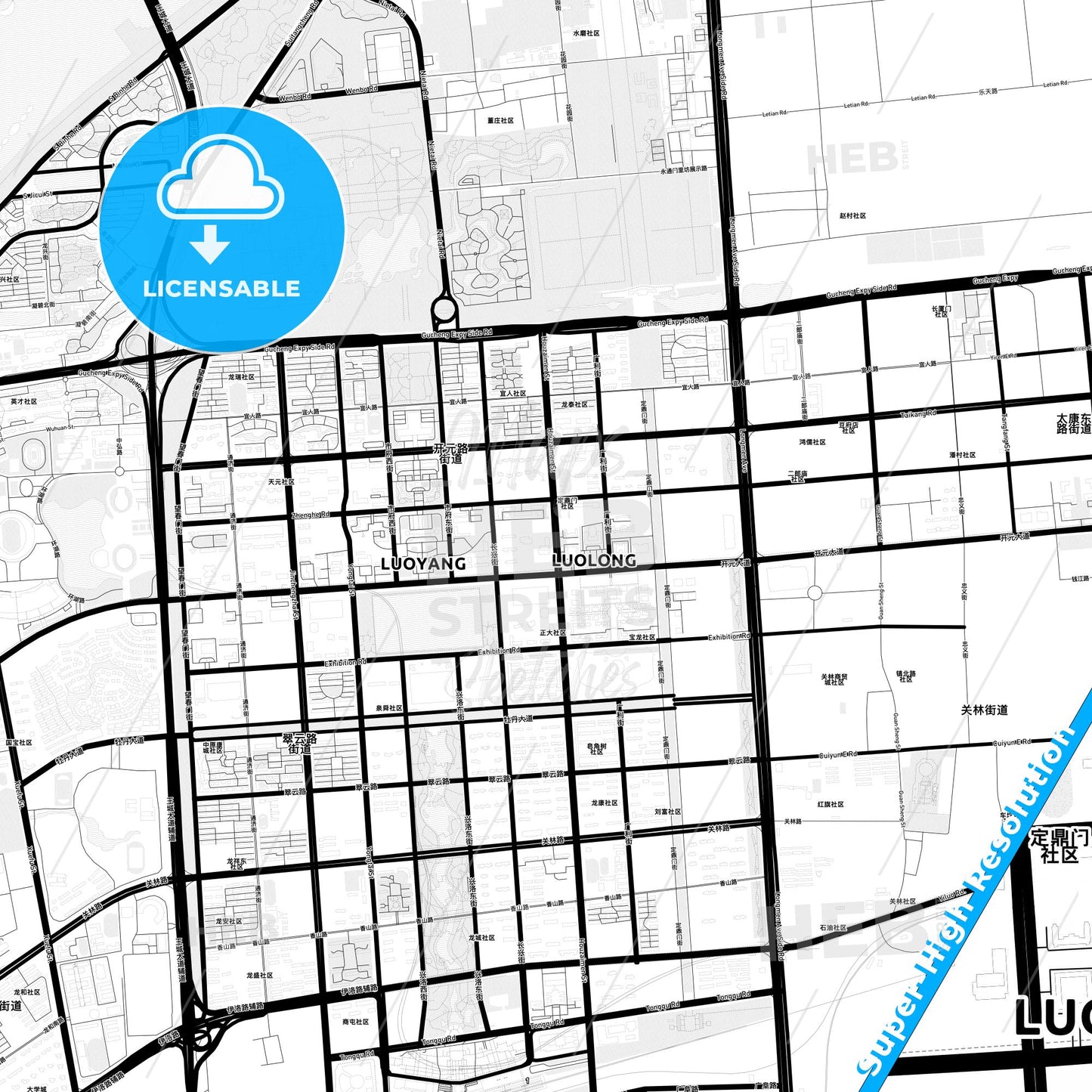 Luoyang, China Light Map with Street Names, City Names, and Districts