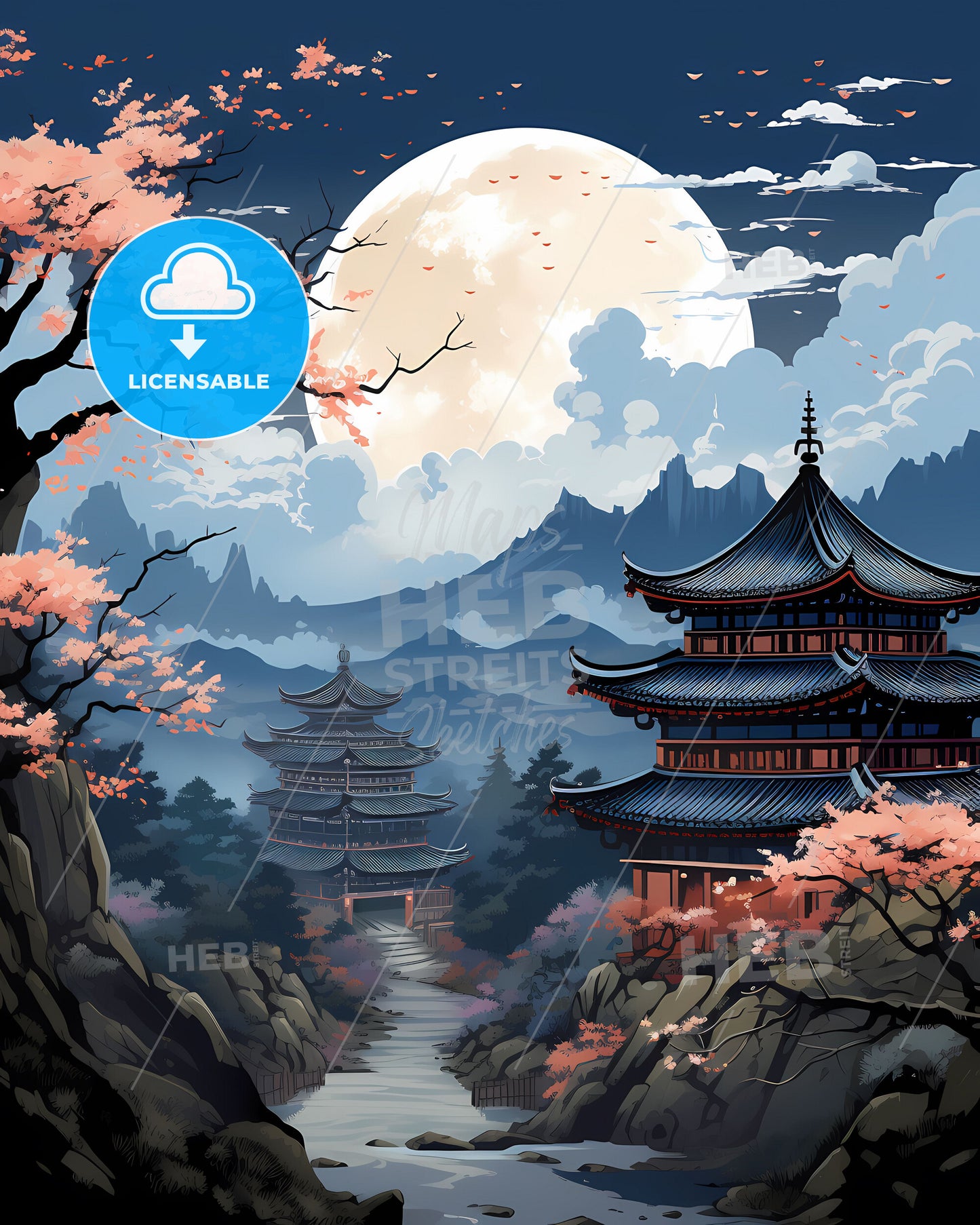 Luoyang Cityscape Painting: Traditional Pagoda and Lush Trees in Vibrant Artistic Landscape