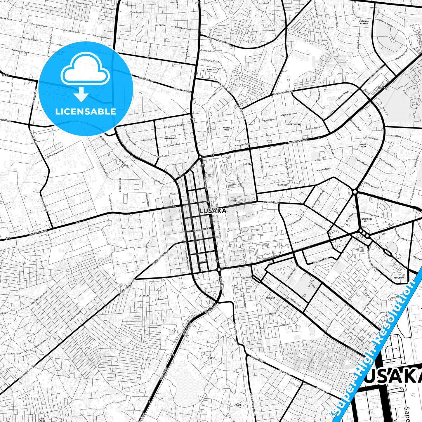 Lusaka, Zambia Light Map with Street Names, City Names, and Districts