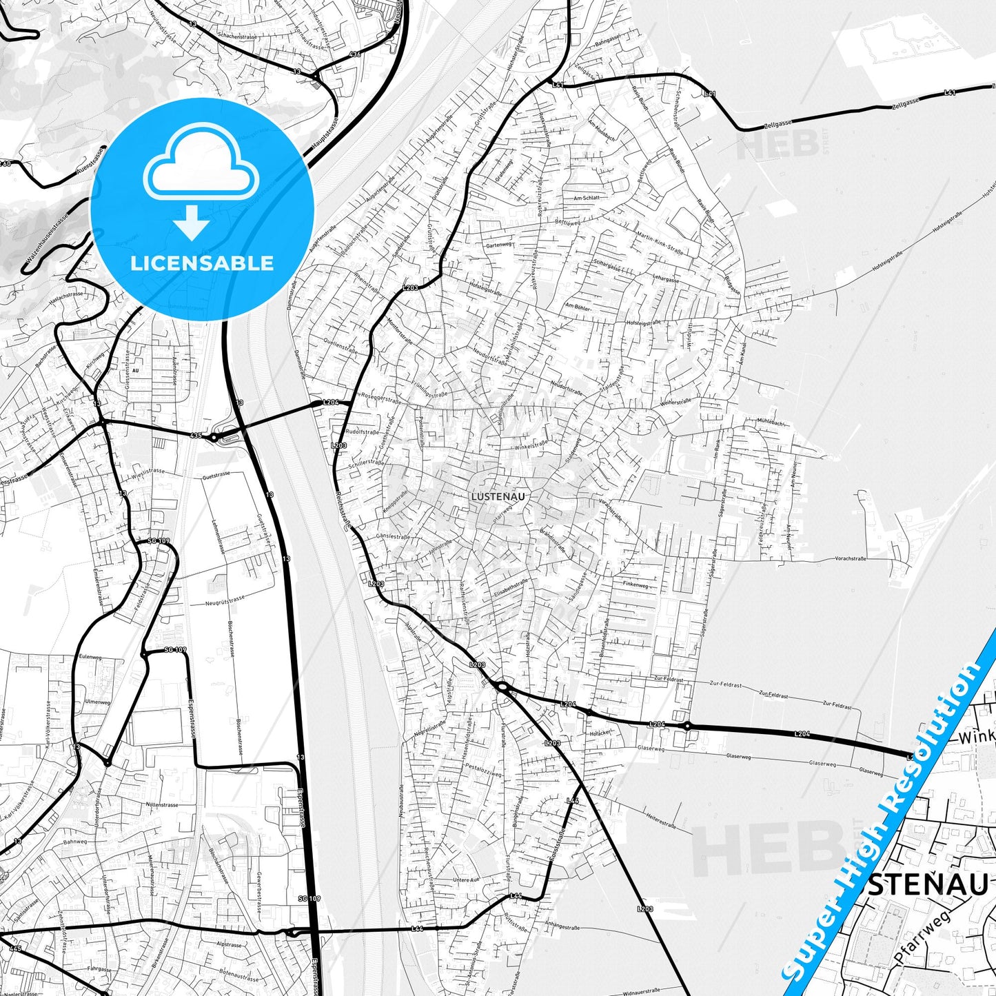 Lustenau, Austria Light Map with Street Names, City Names, and Districts