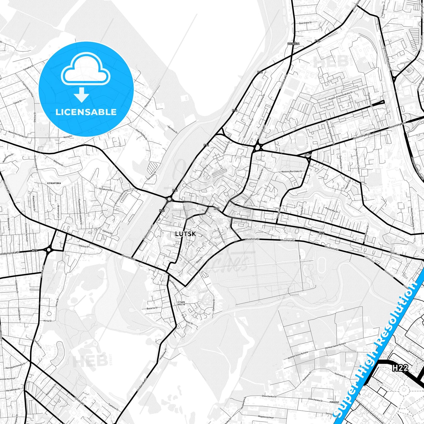 Lutsk, Ukraine Light Map with Street Names, City Names, and Districts