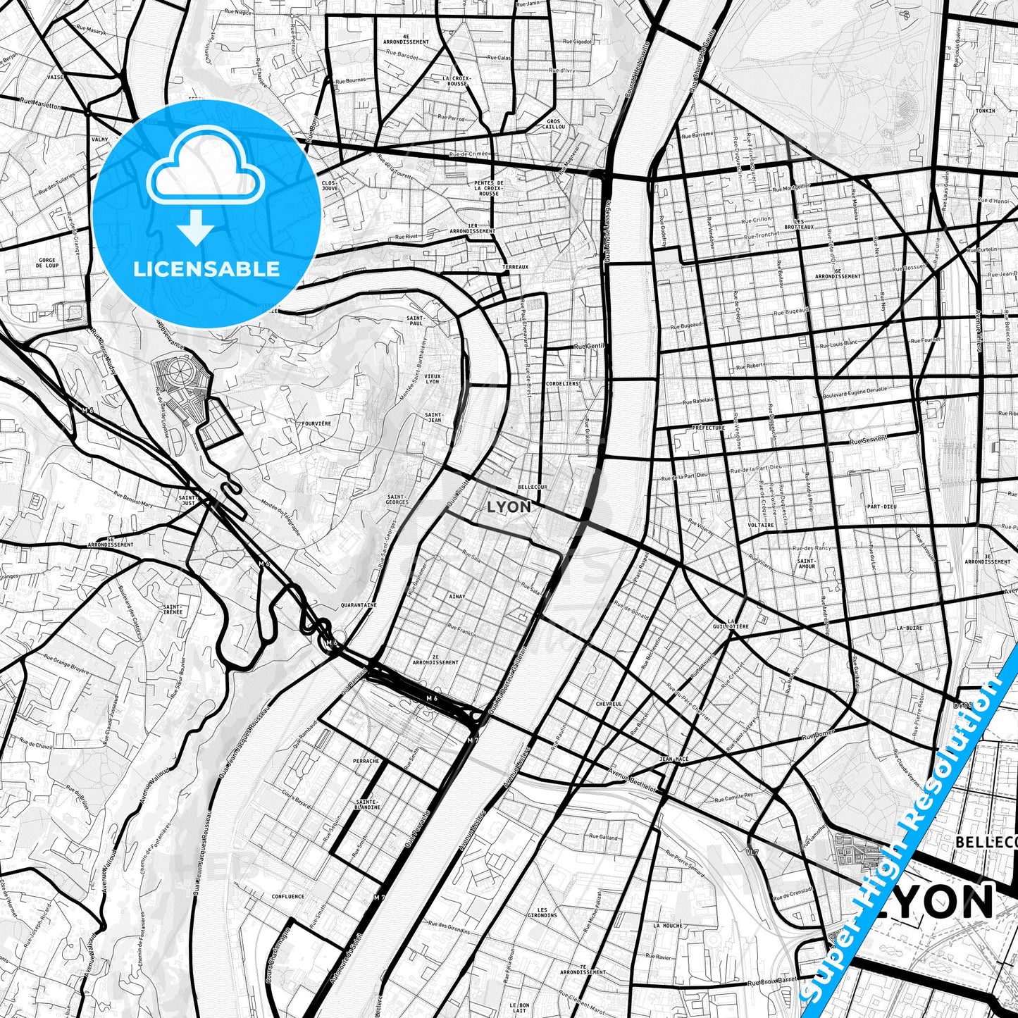 Lyon, France Light Map with Street Names, City Names, and Districts
