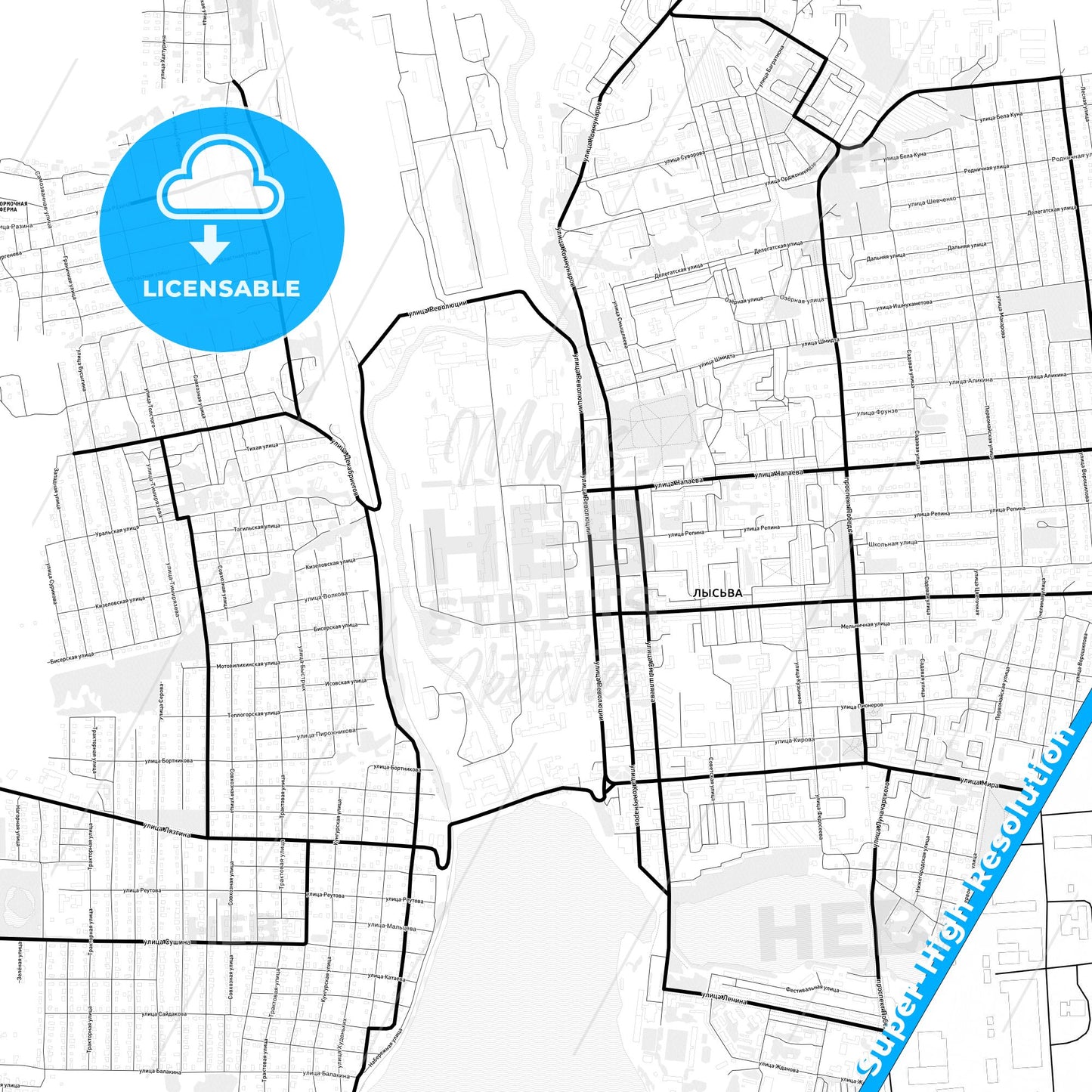 Lysva, Russia Light Map with Street Names, City Names, and Districts