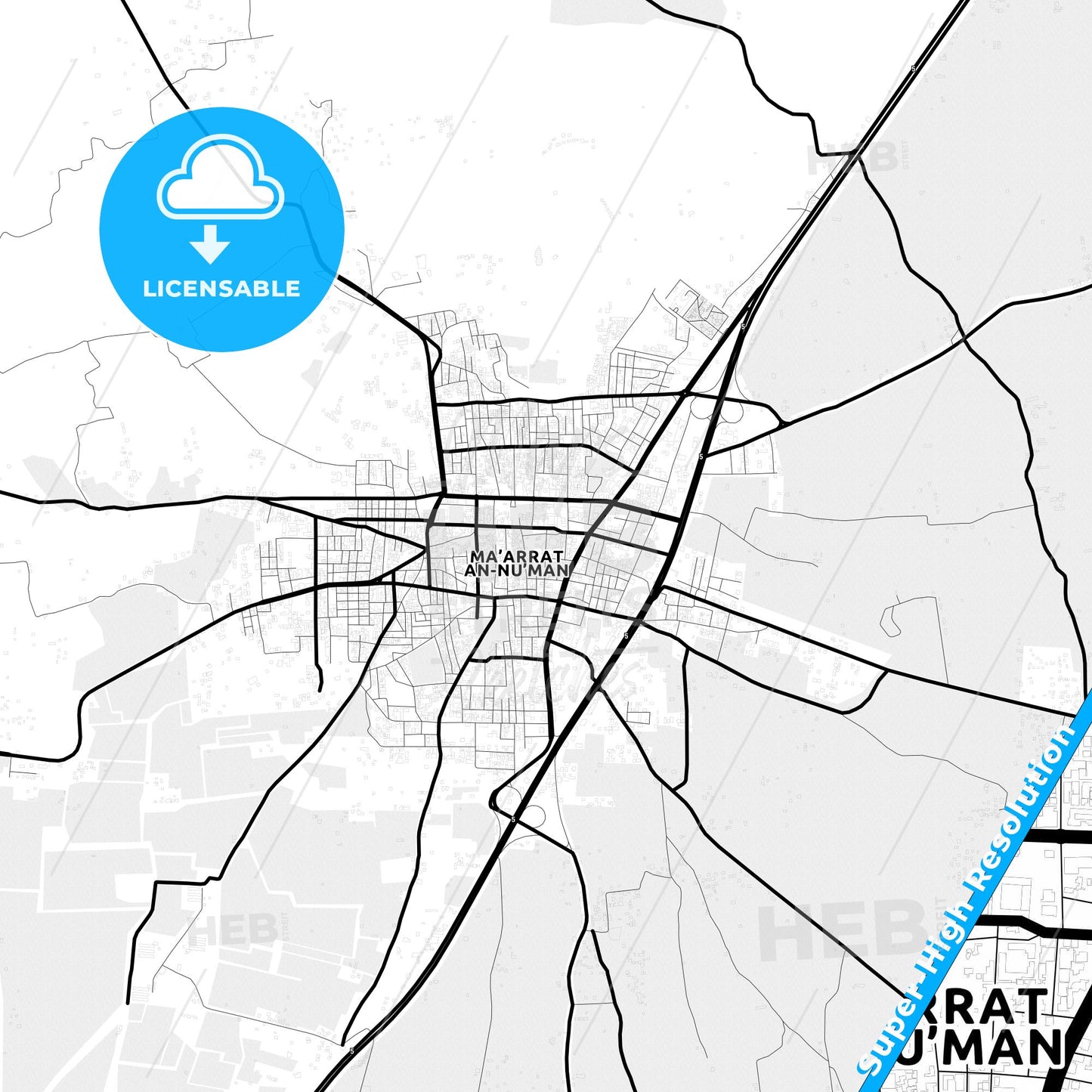 Maarat al-Numaan, Syria Light Map with Street Names, City Names, and Districts