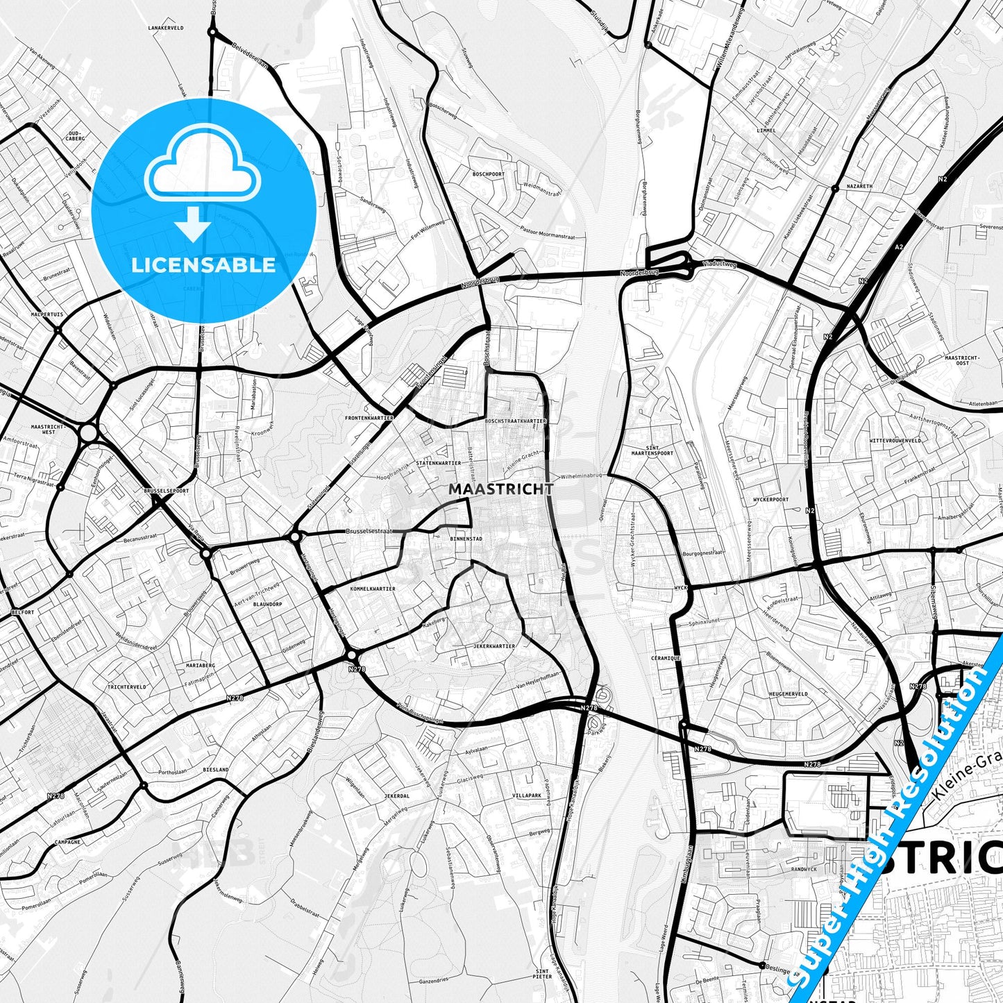 Maastricht, Netherlands Light Map with Street Names, City Names, and Districts