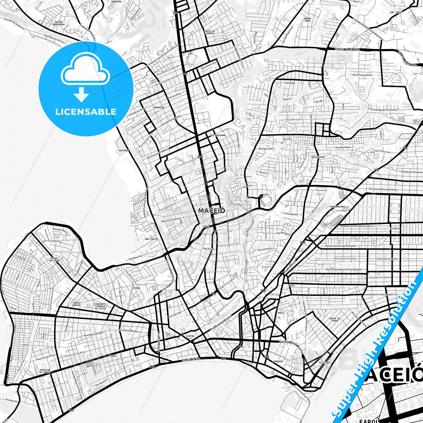 Maceio, Brazil Light Map with Street Names, City Names, and Districts