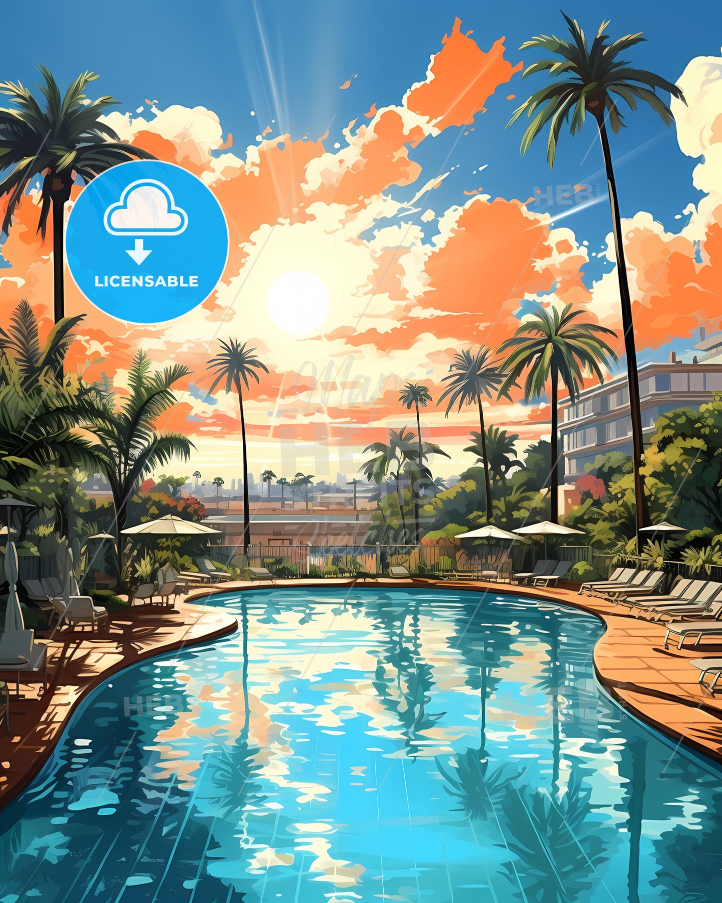 Vibrant Painting of Maceió, Brazil Skyline at Sunset - Pool with Palm Trees and Sun