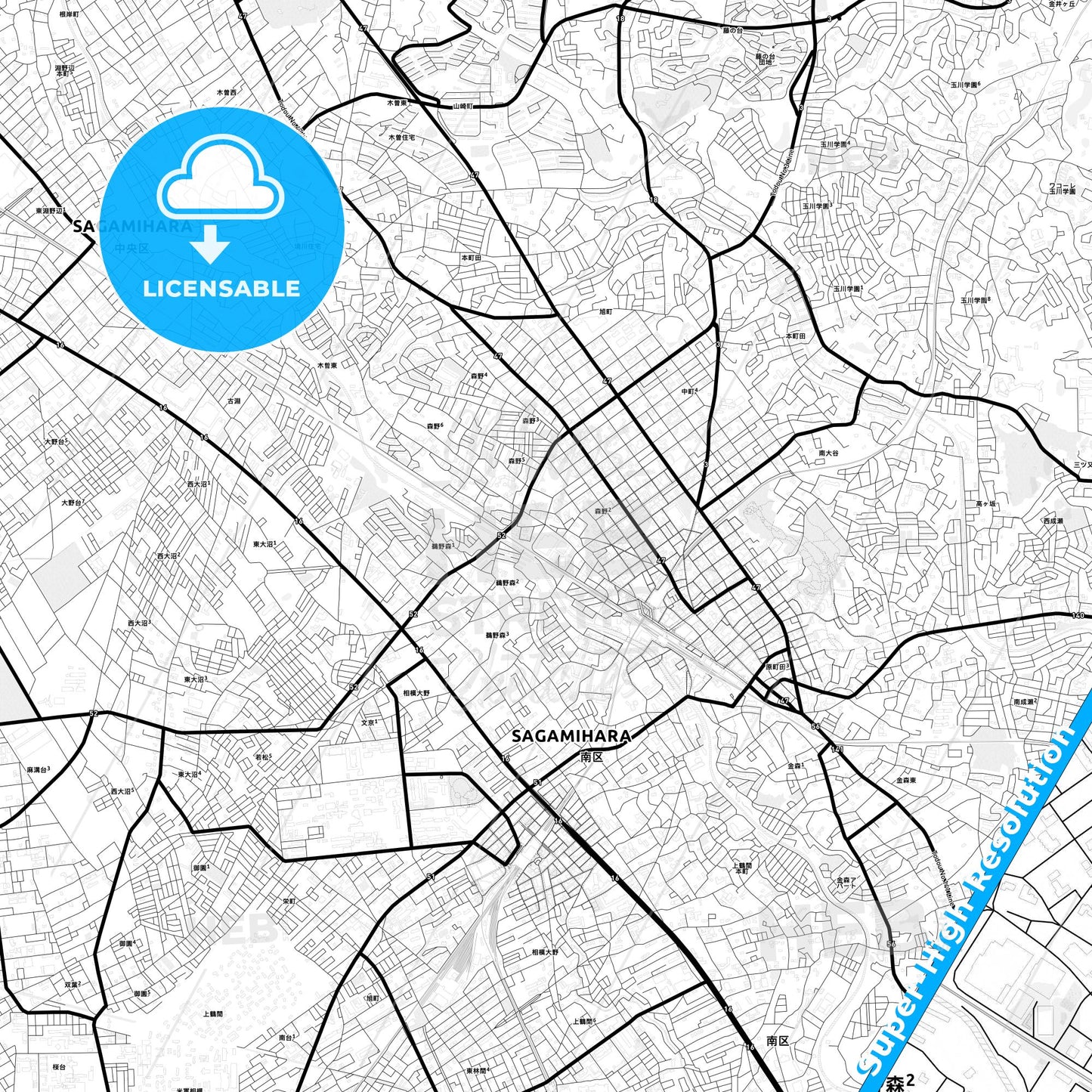 Machida, Japan Light Map with Street Names, City Names, and Districts