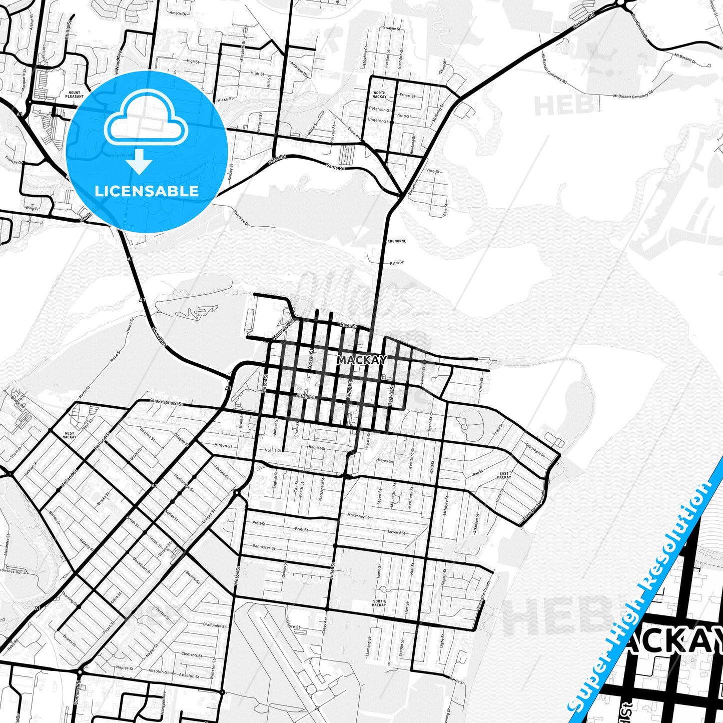Mackay, Australia Light Map with Street Names, City Names, and Districts