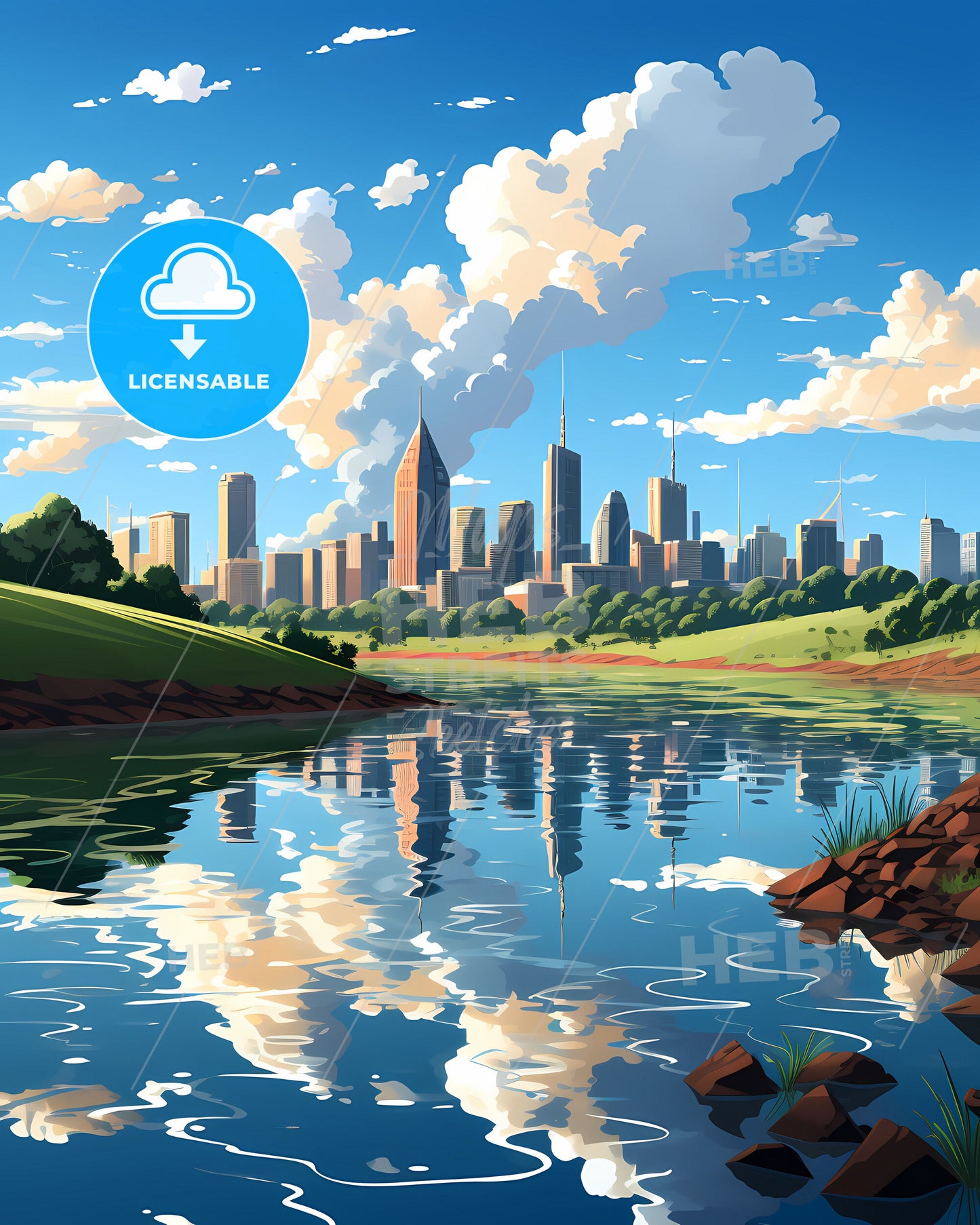 Vibrant Artistic City Skyline Painting of Mackay Australia Centered On River