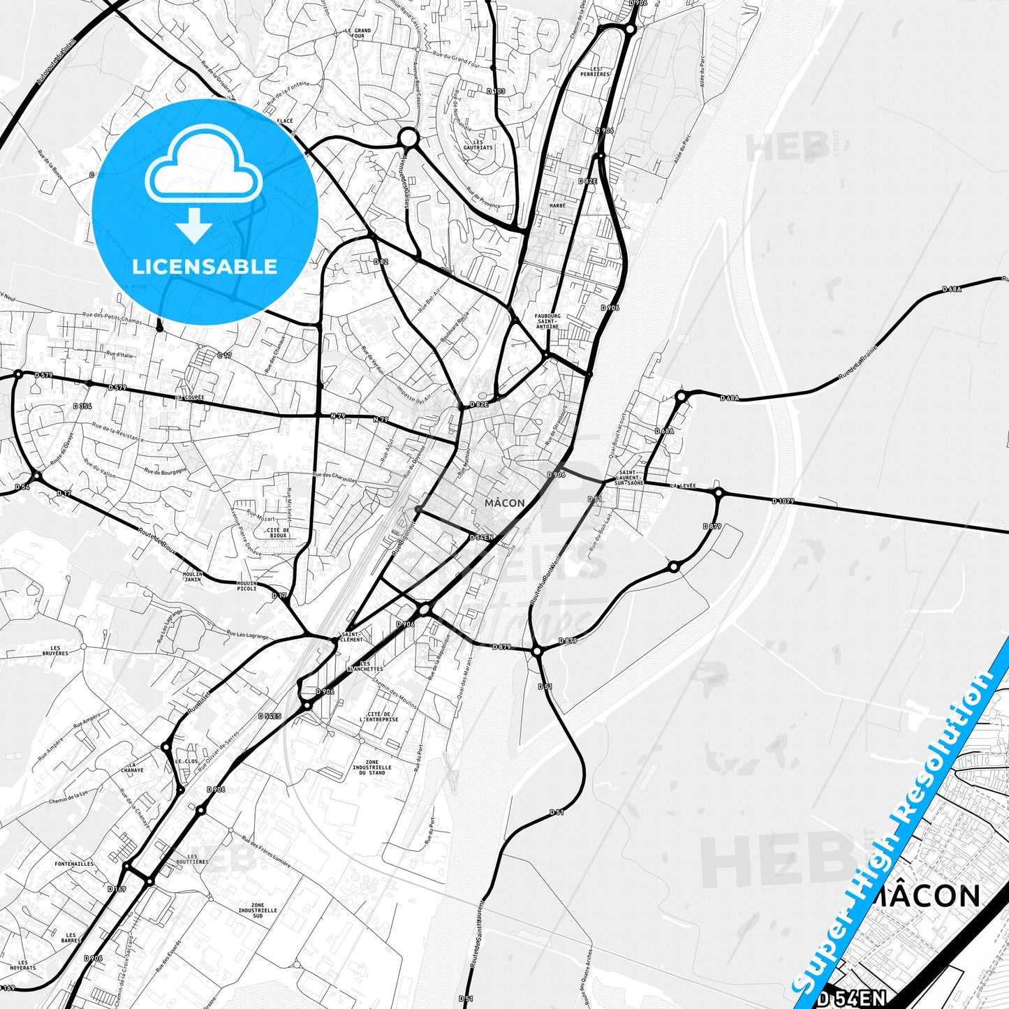 Mâcon, France Light Map with Street Names, City Names, and Districts