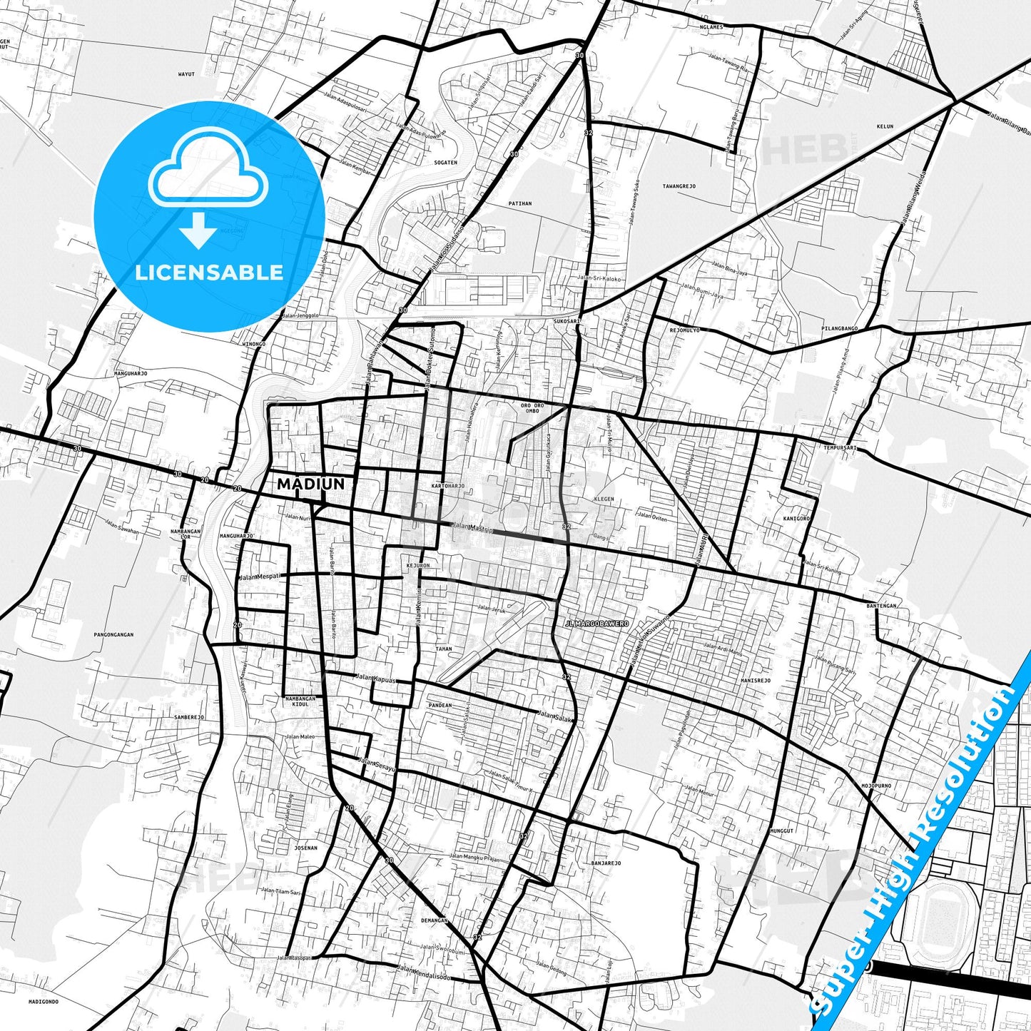 Madiun, Indonesia Light Map with Street Names, City Names, and Districts