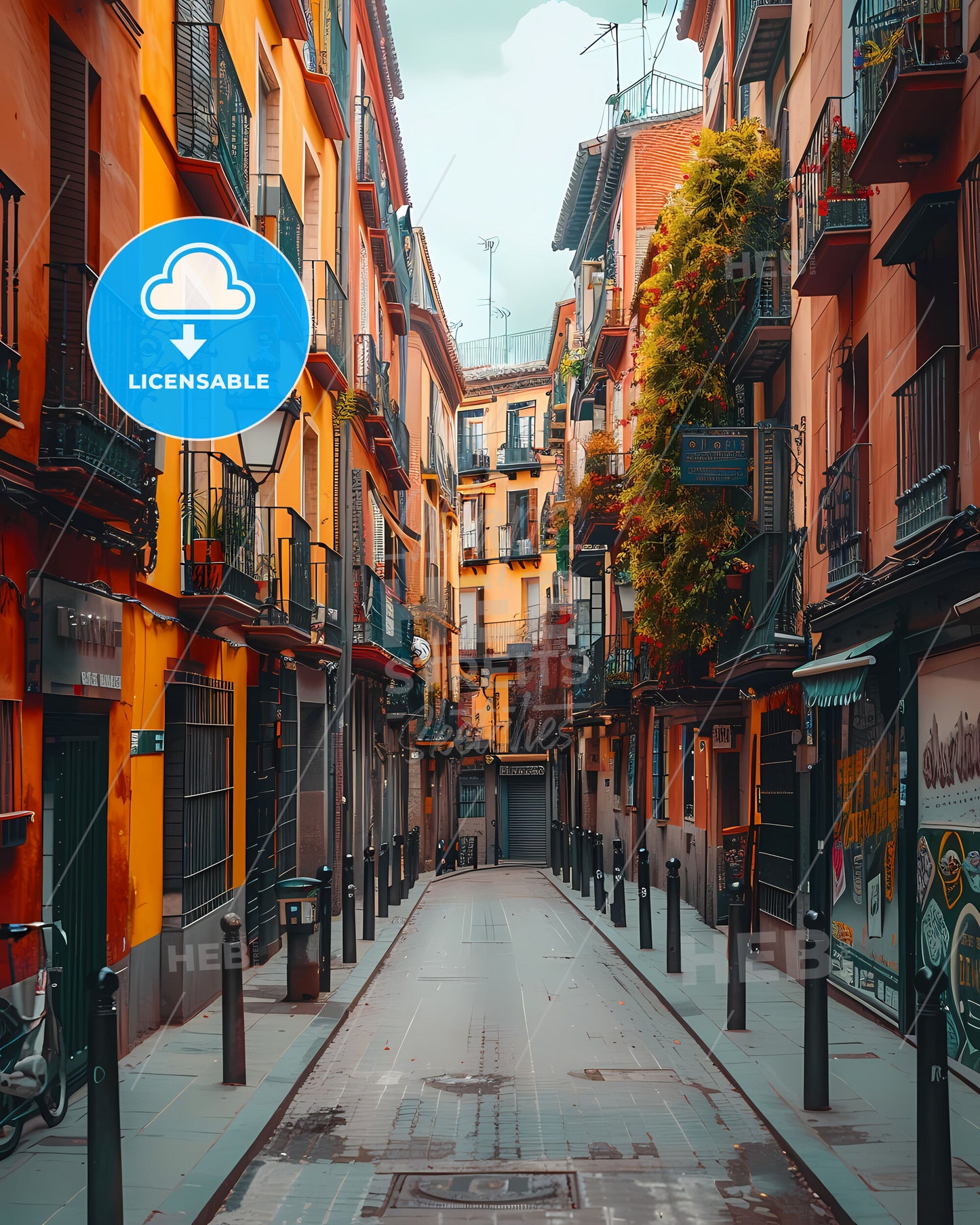 Madrid Street Art: Vibrant Painting on Narrow Street with Buildings and Greenery