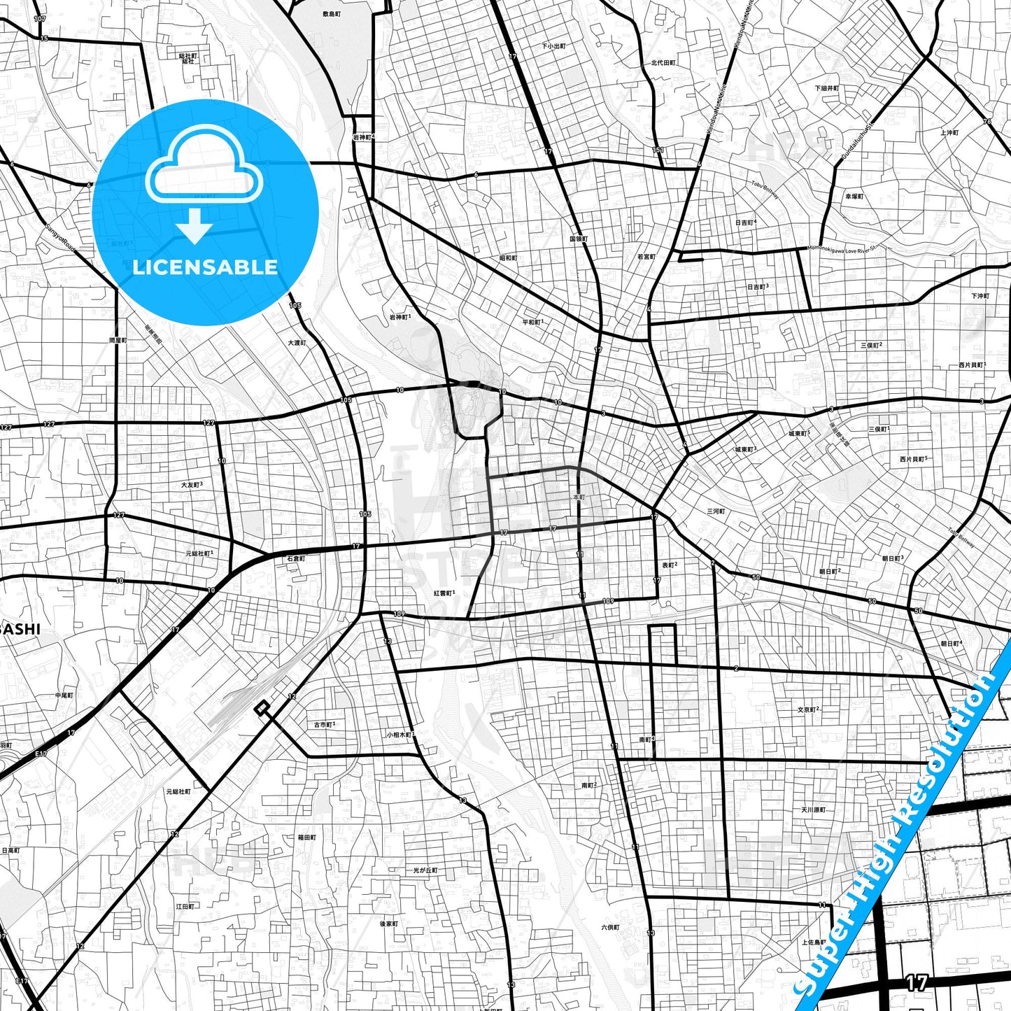 Maebashi, Japan Light Map with Street Names, City Names, and Districts