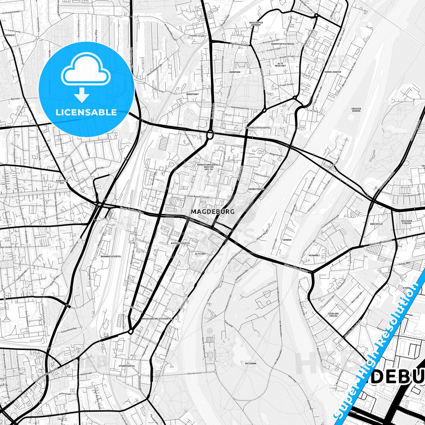 Magdeburg, Germany Light Map with Street Names, City Names, and Districts