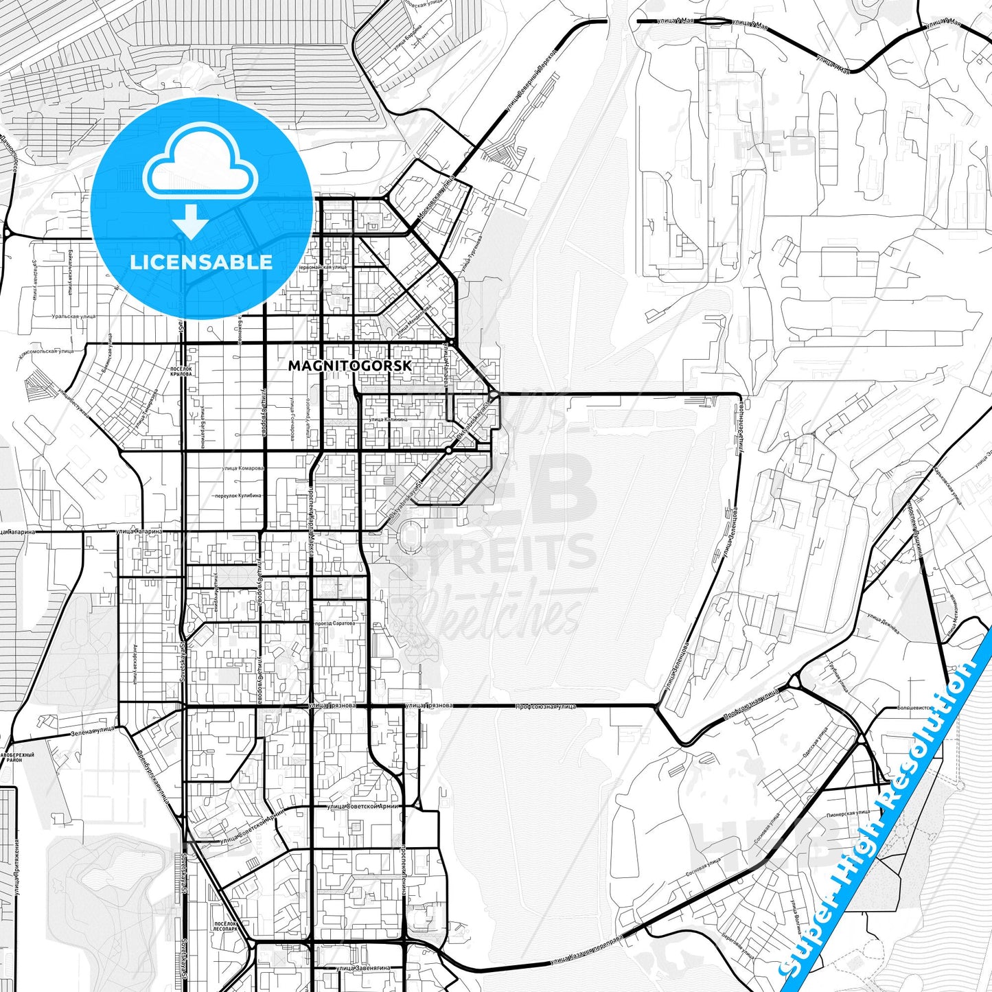 Magnitogorsk, Russia Light Map with Street Names, City Names, and Districts