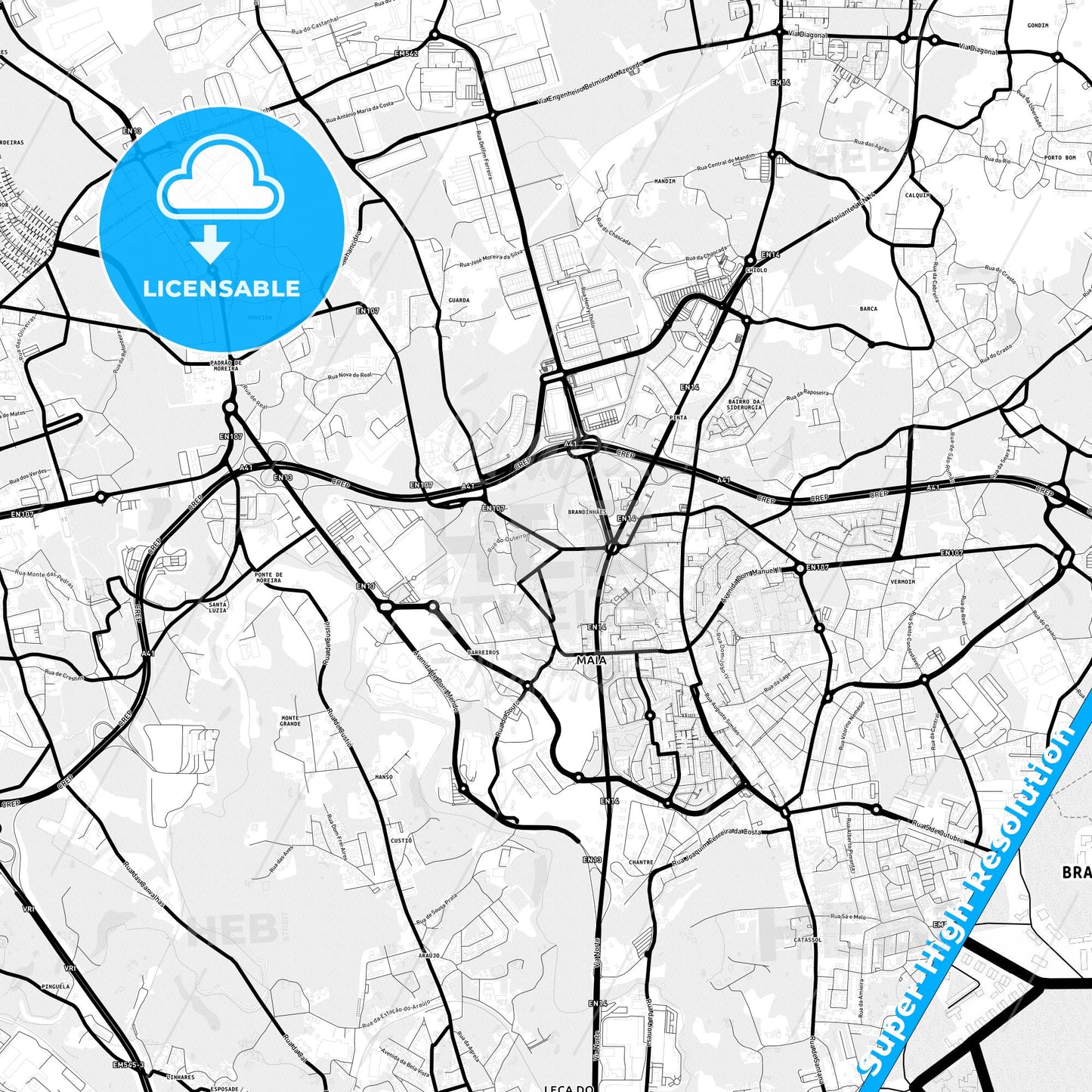 Maia, Portugal Light Map with Street Names, City Names, and Districts