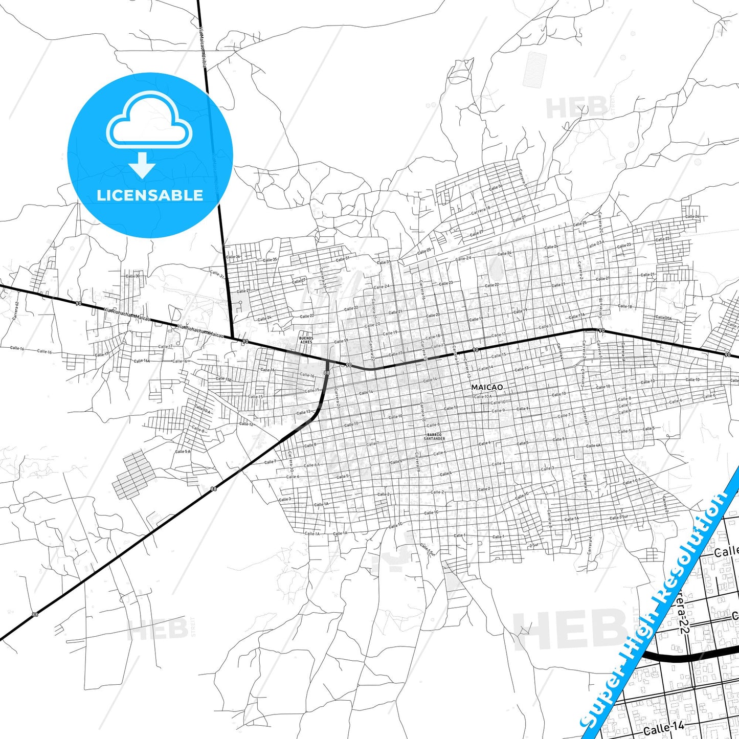 Maicao, Colombia Light Map with Street Names, City Names, and Districts