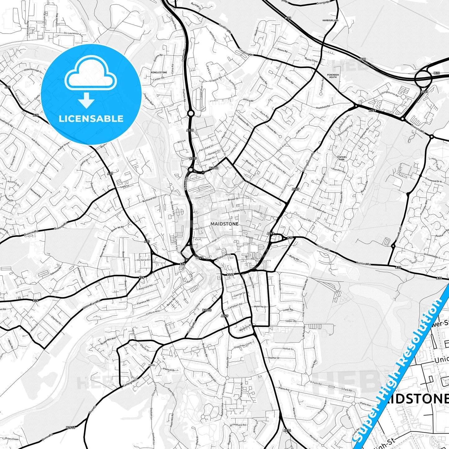 Maidstone, England Light Map with Street Names, City Names, and Districts