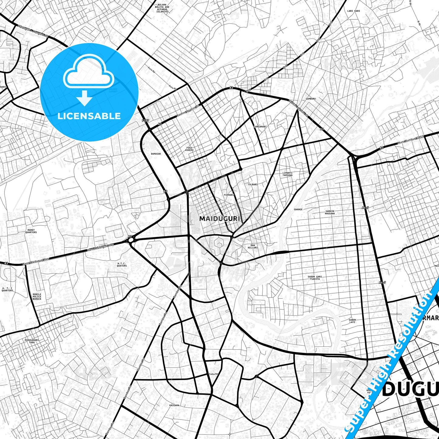Maiduguri, Nigeria Light Map with Street Names, City Names, and Districts