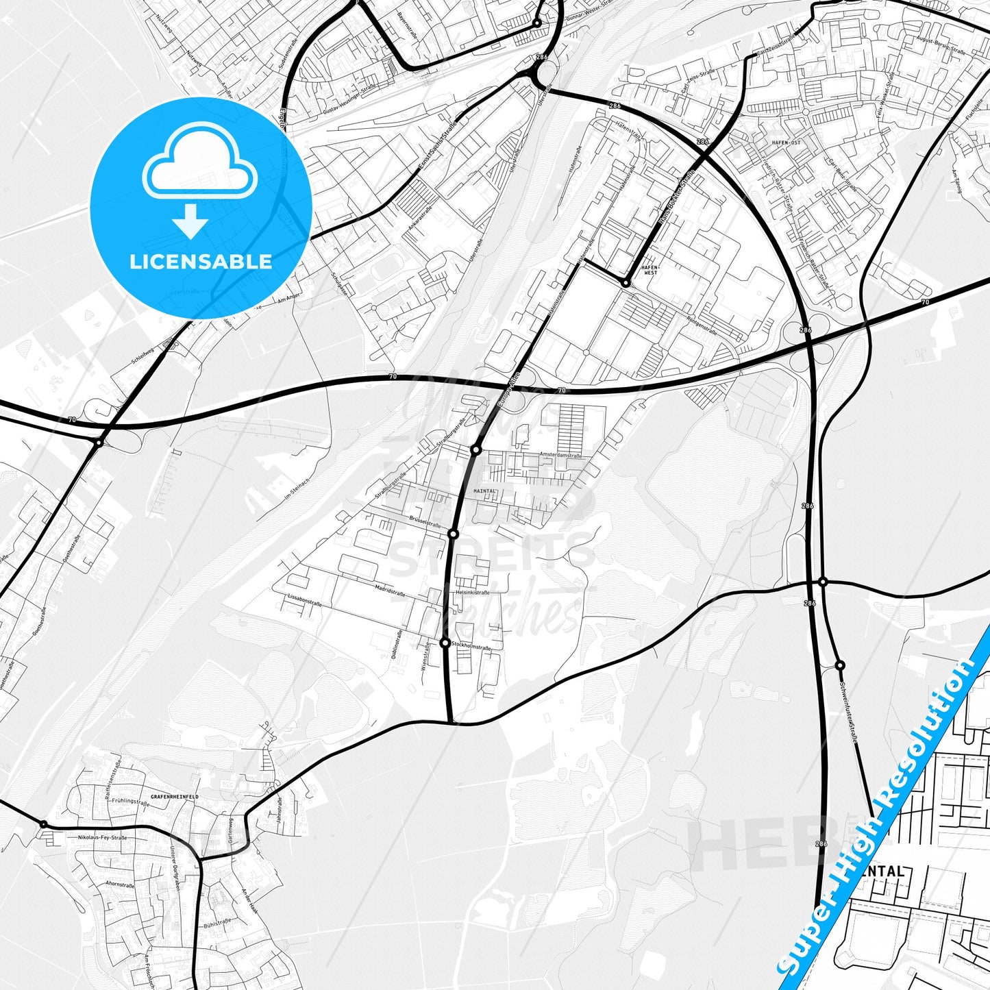 Maintal, Germany Light Map with Street Names, City Names, and Districts