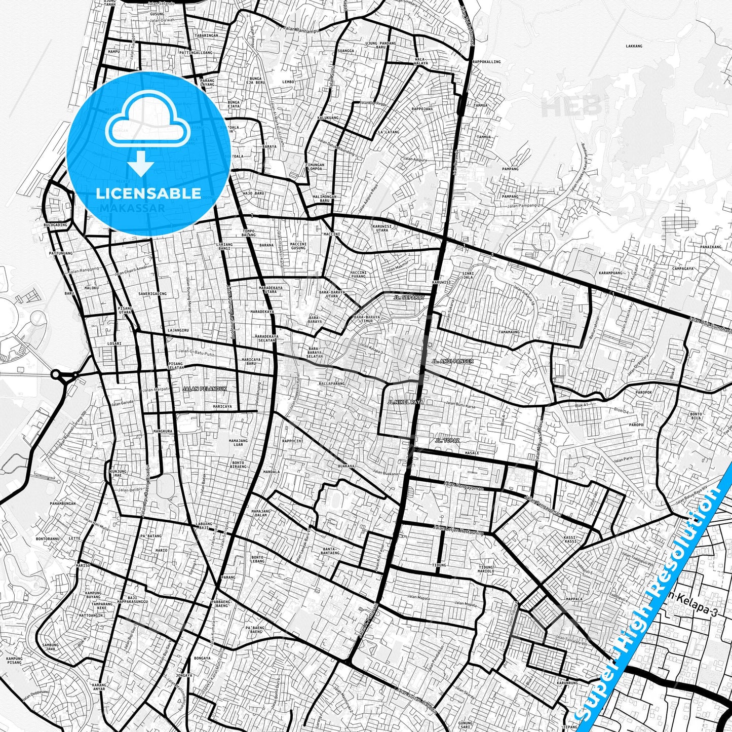 Makassar, Indonesia Light Map with Street Names, City Names, and Districts
