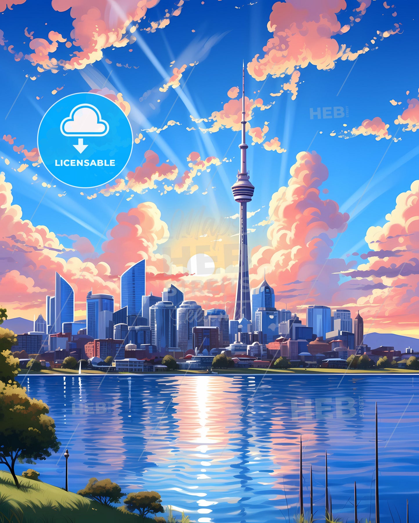 Vibrant Art Painting of Makassar Indonesia City Skyline featuring Tall Tower and Water