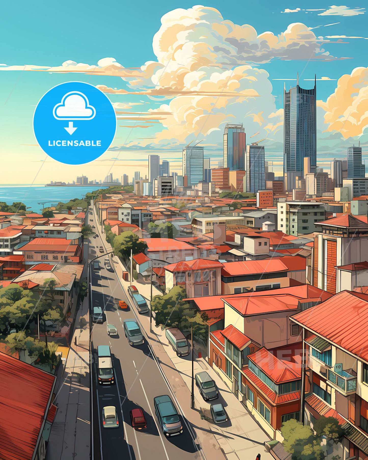 Macassar Indonesia City Skyline Artistic Painting Building Cloudscape