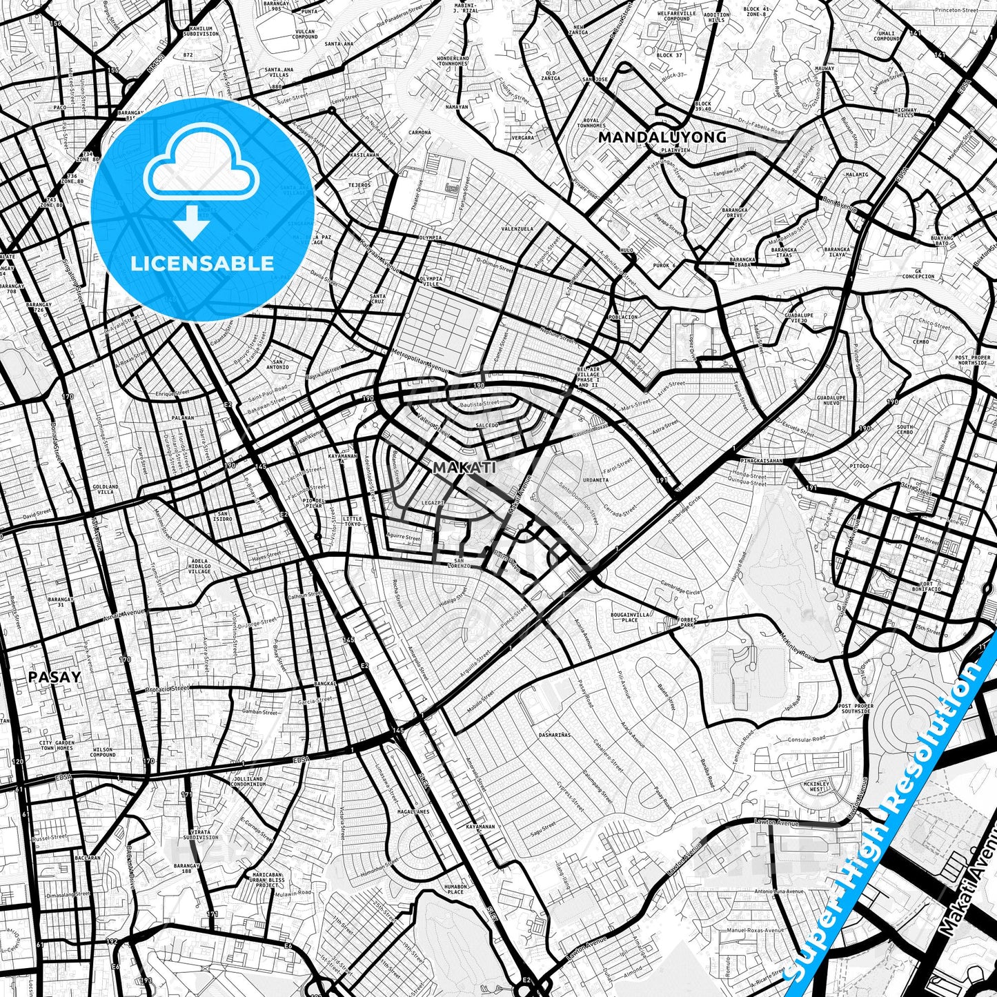 Makati, Philippines Light Map with Street Names, City Names, and Districts