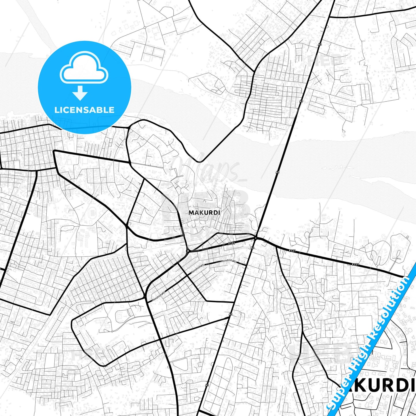 Makurdi, Nigeria Light Map with Street Names, City Names, and Districts