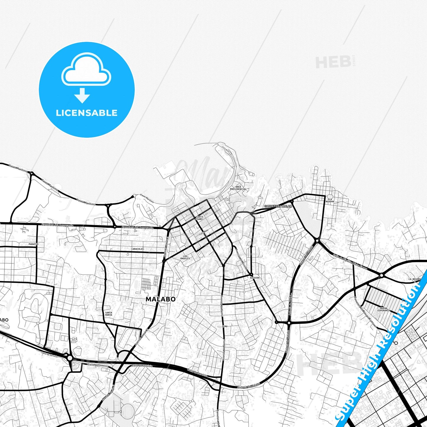 Malabo, Equatorial Guinea Light Map with Street Names, City Names, and Districts