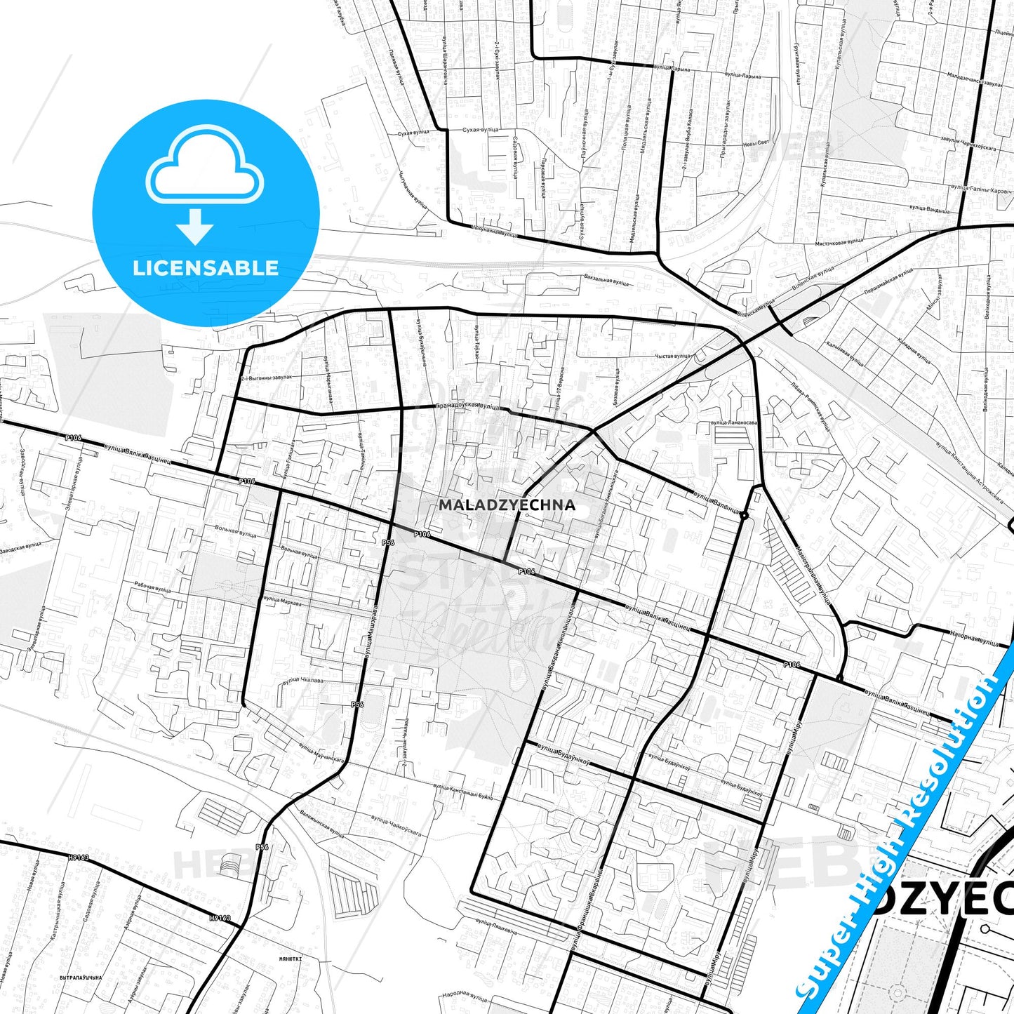 Maladzyechna, Belarus Light Map with Street Names, City Names, and Districts