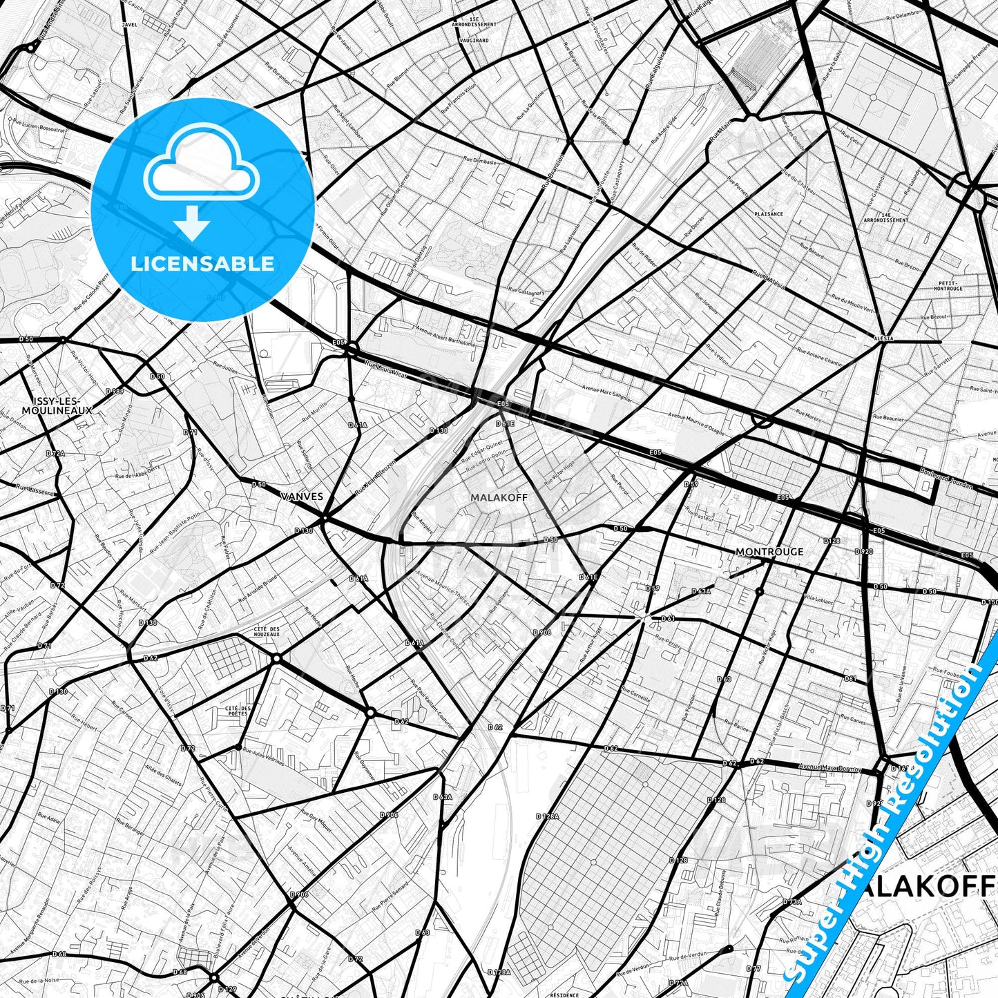 Malakoff, France Light Map with Street Names, City Names, and Districts