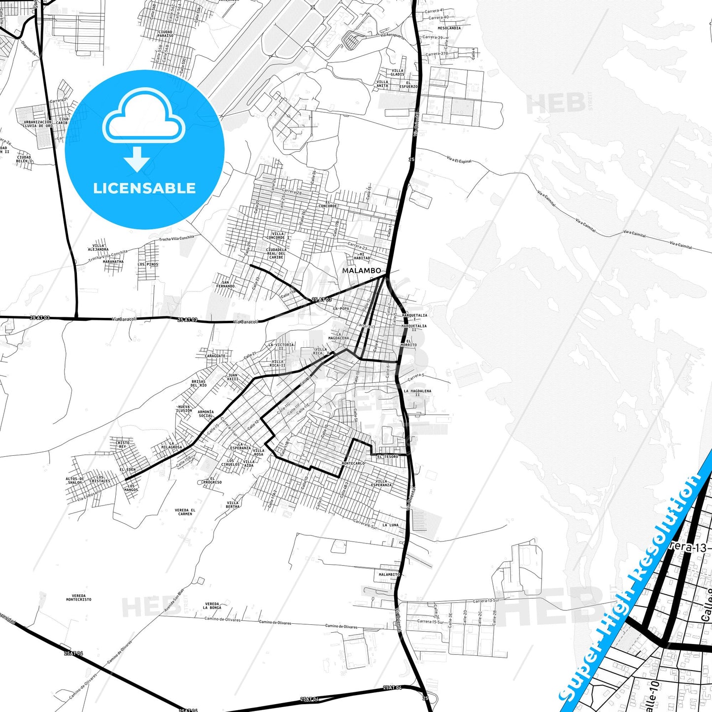Malambo, Colombia Light Map with Street Names, City Names, and Districts