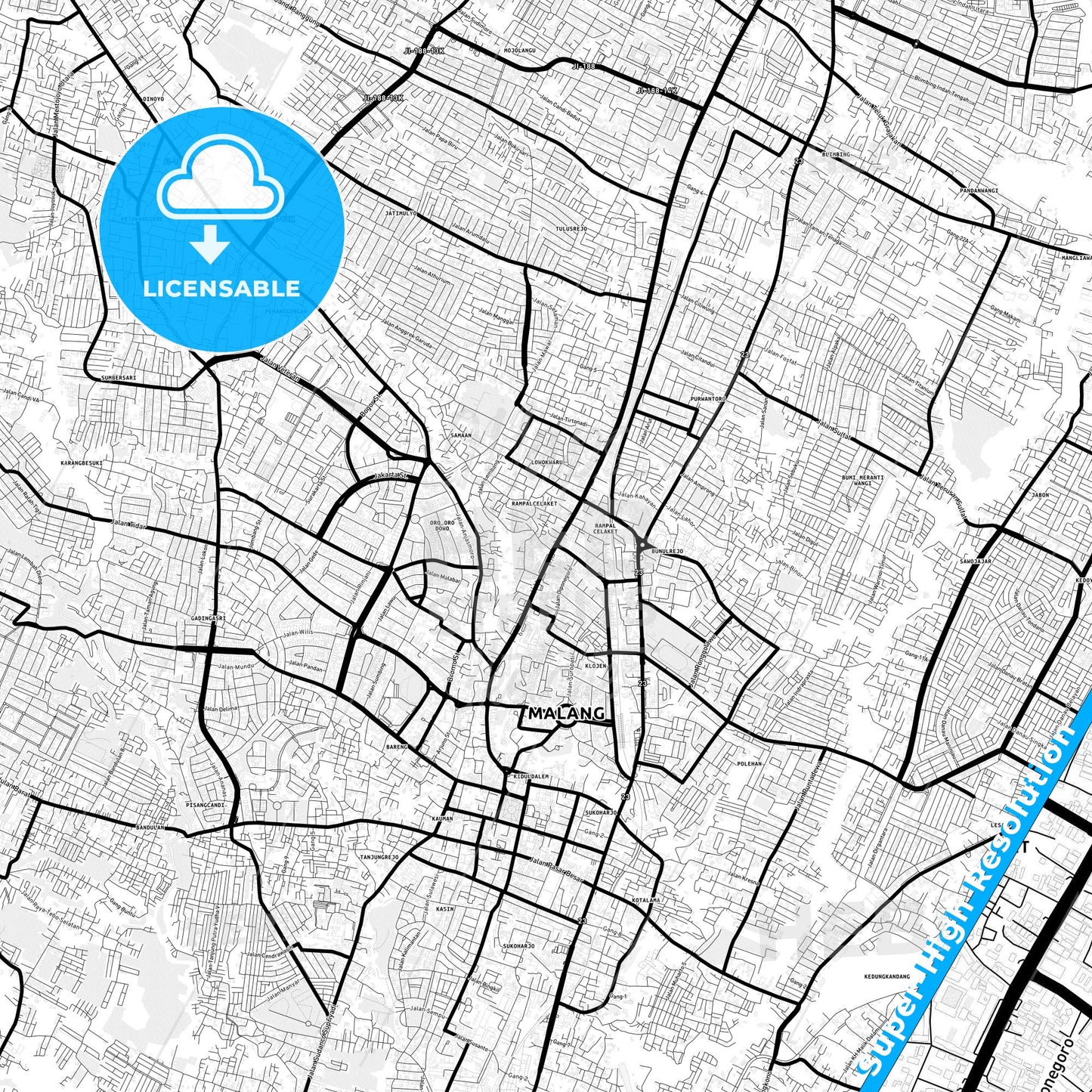 Malang, Indonesia Light Map with Street Names, City Names, and Districts