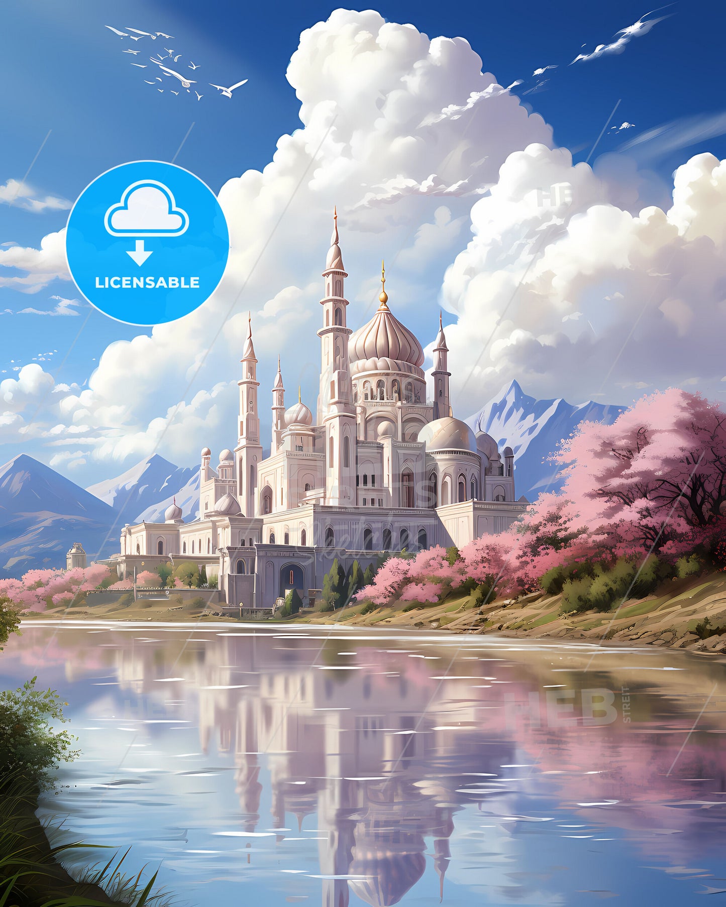 Malang Indonesia Skyline Painting: Majestic Castle, Verdant Trees, and Tranquil Water