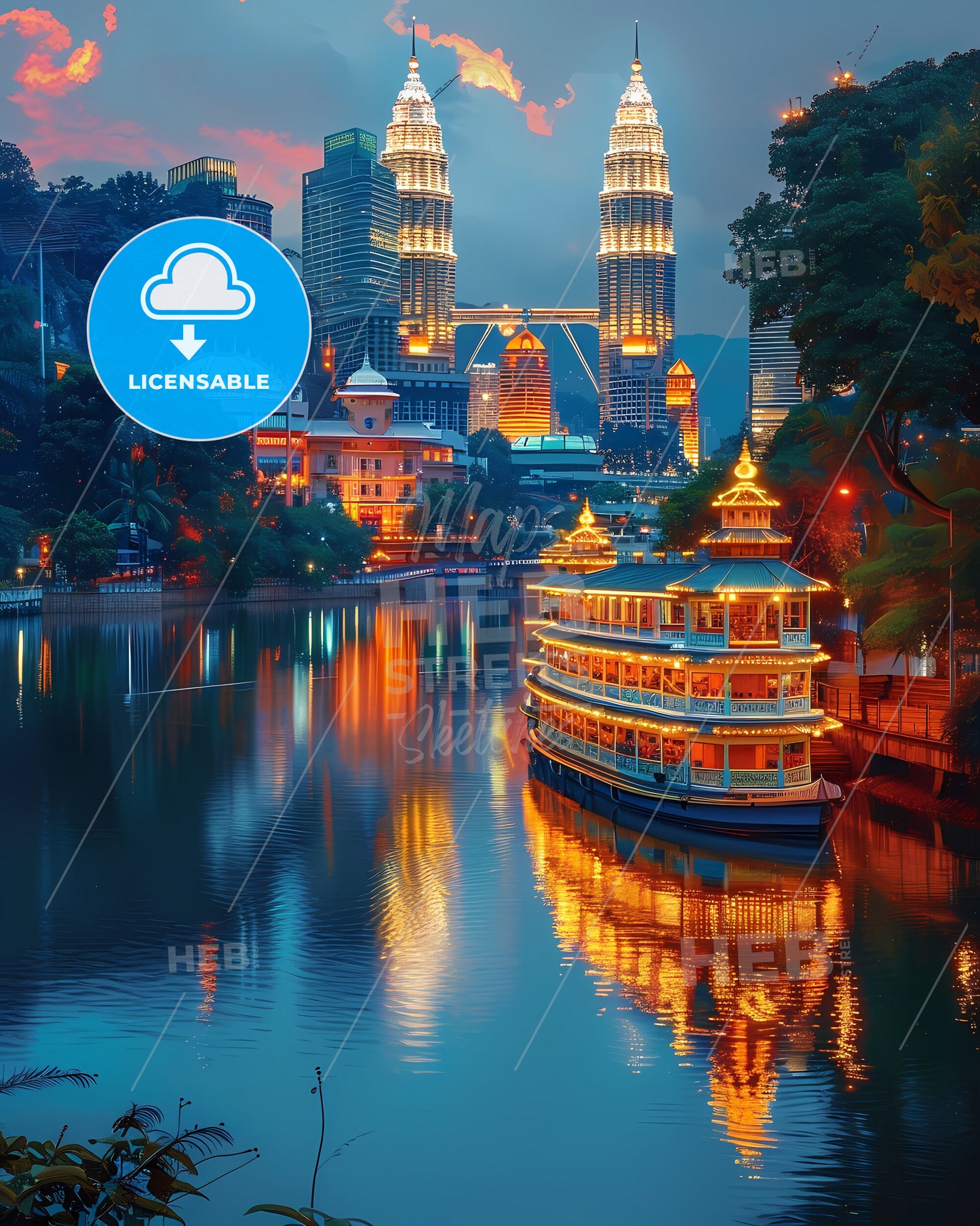 River Boat Cityscape Malaysia Art Southeast Asia Painting Vibrant