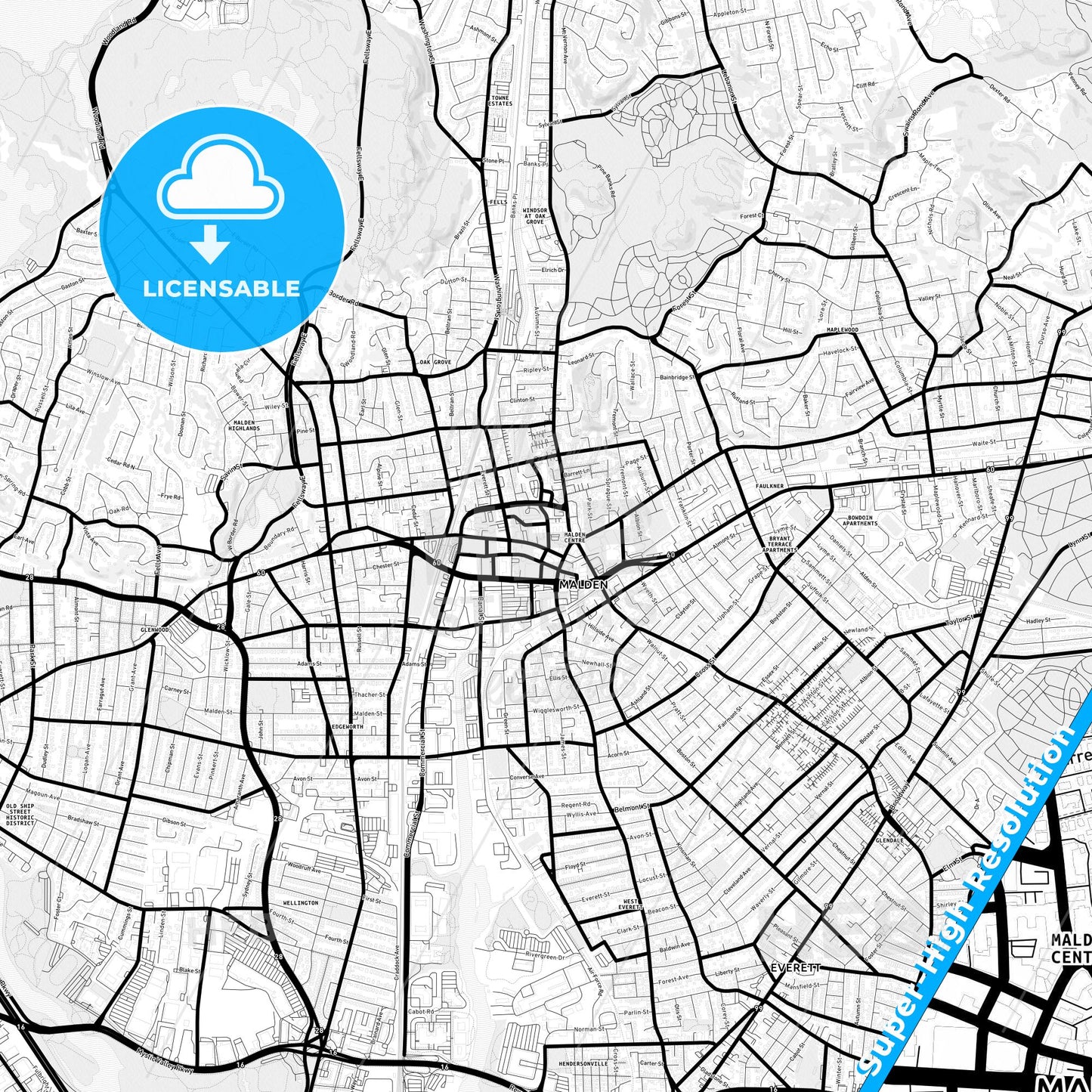 Malden, Massachusetts Light Map with Street Names, City Names, and Districts